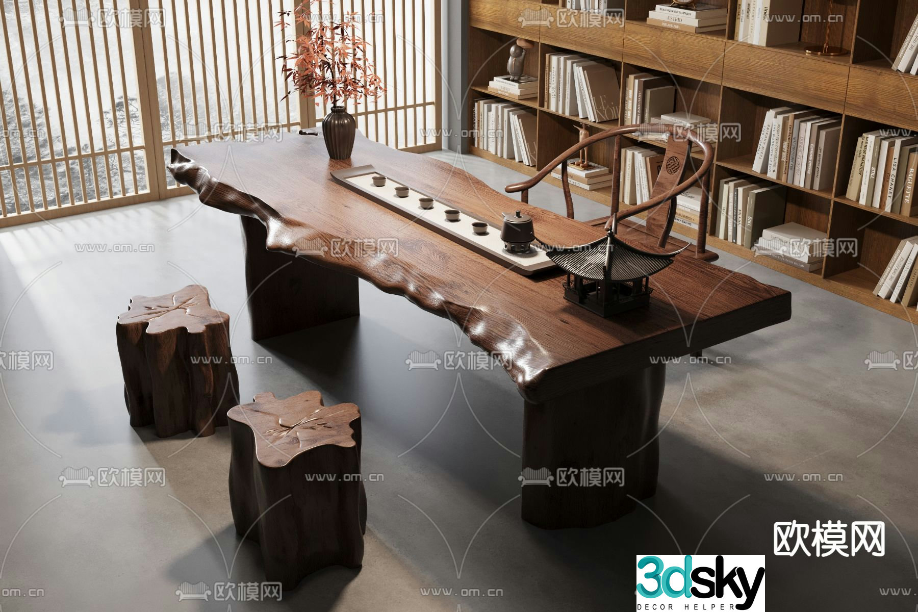 New Chinese-style tea table and chairs tea set 3D model