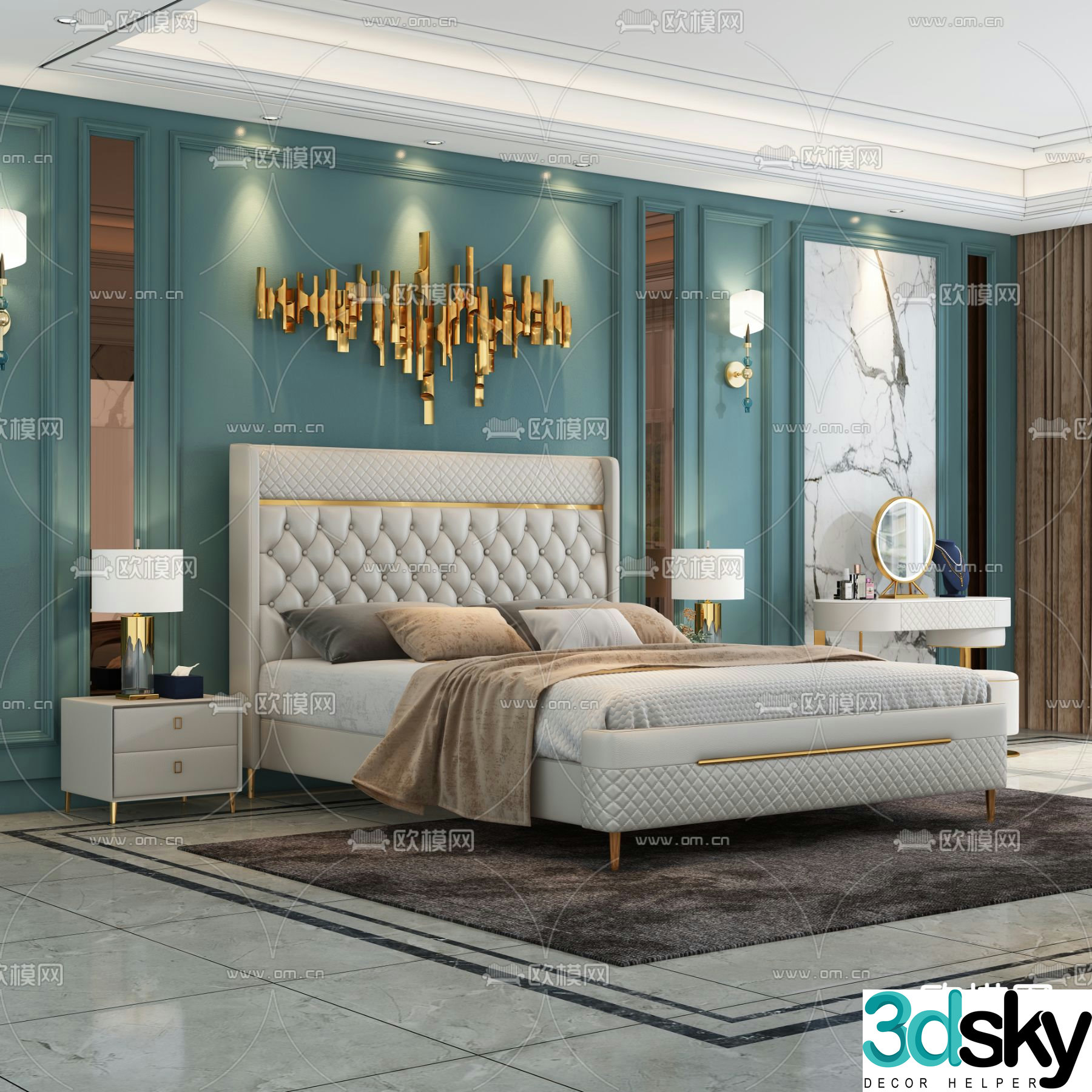 Italian light luxury bed double bed 3d model