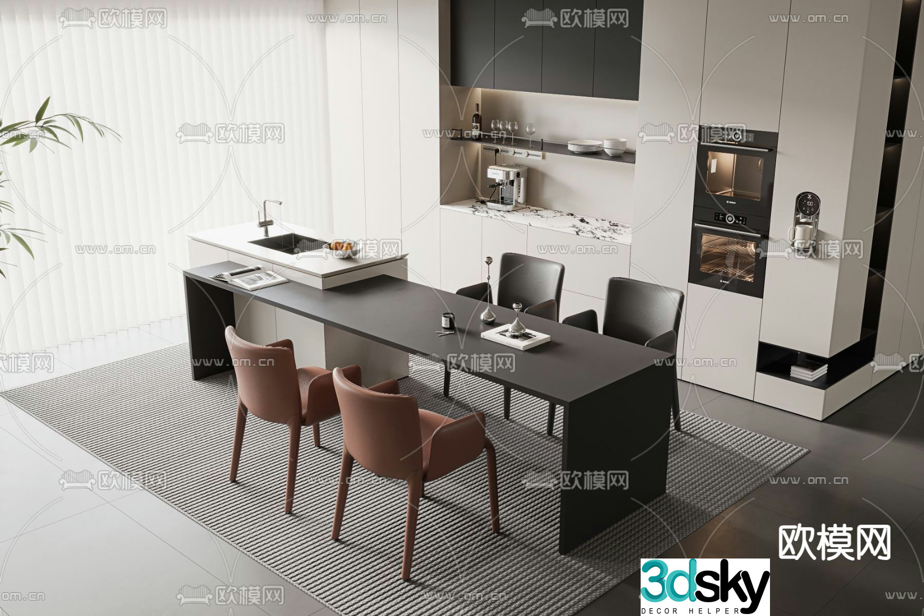 Modern island dining table and chairs 3d model
