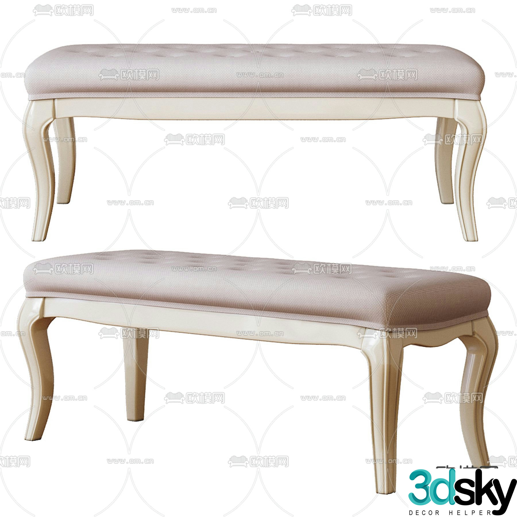 European style cushion bench 3d model