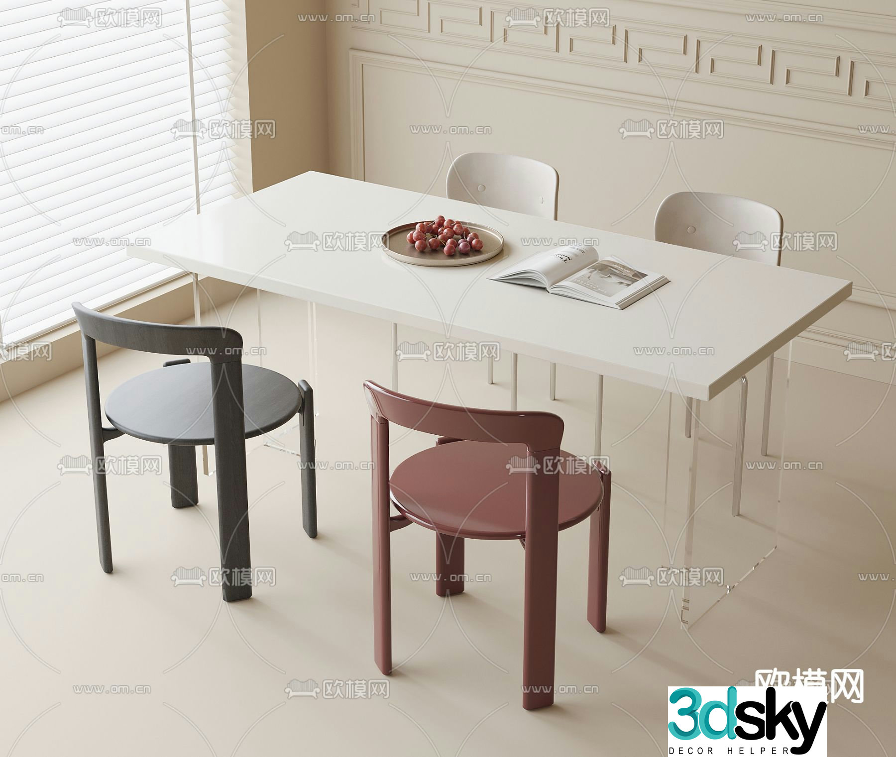 Cream style dining table and chairs strip dining table 3d model