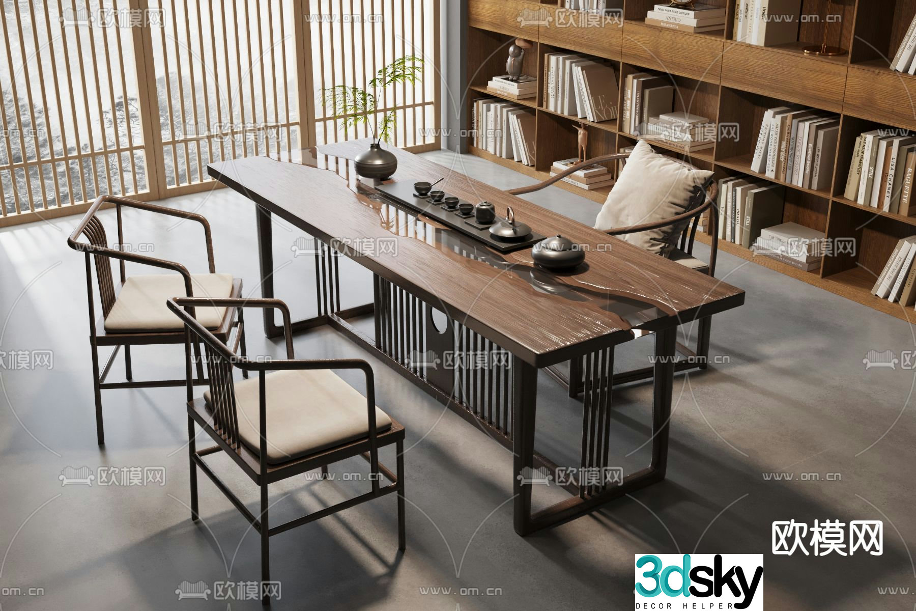 New Chinese style tea table and chairs tea set 3d model