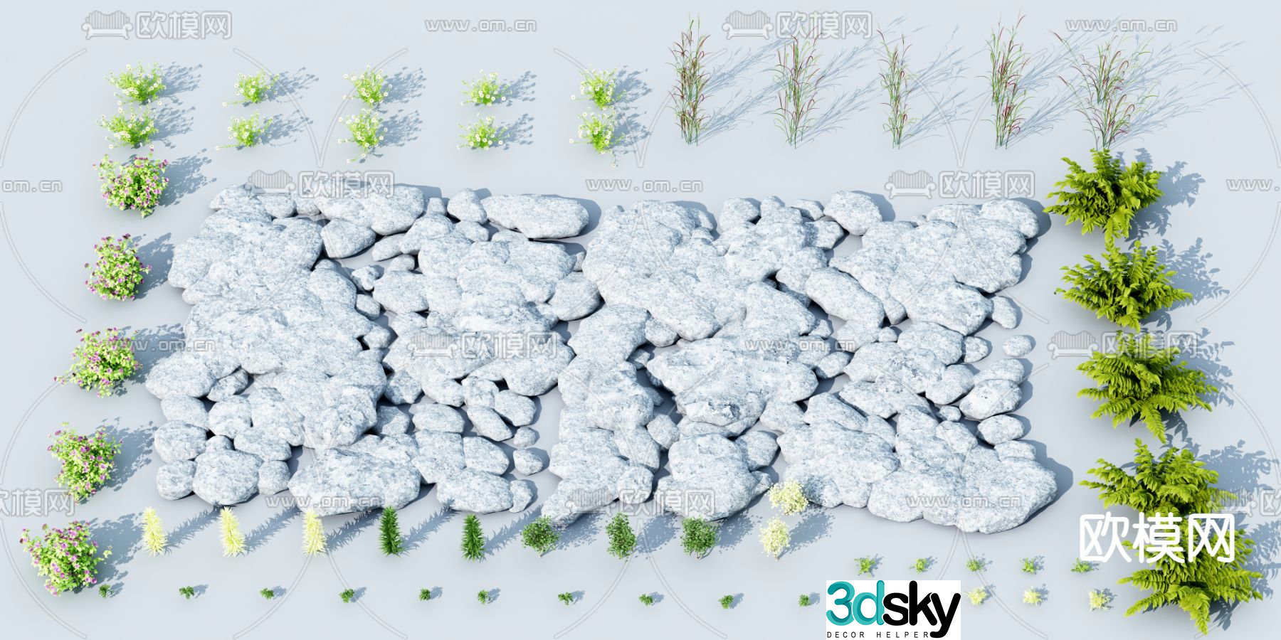 Stone Landscape Stone Green Plants and Flowers 3D Model
