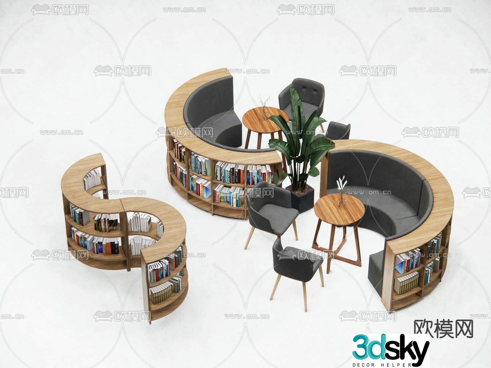 Library bookstore S-shaped deck sofa 3D model