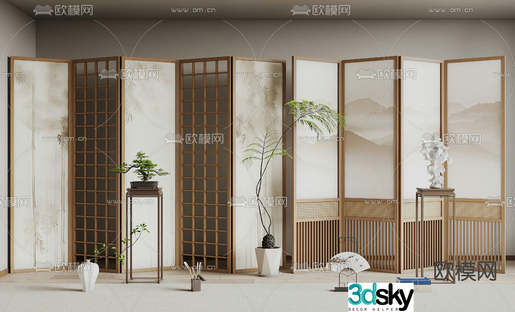 New Chinese style screen folding screen 3d model