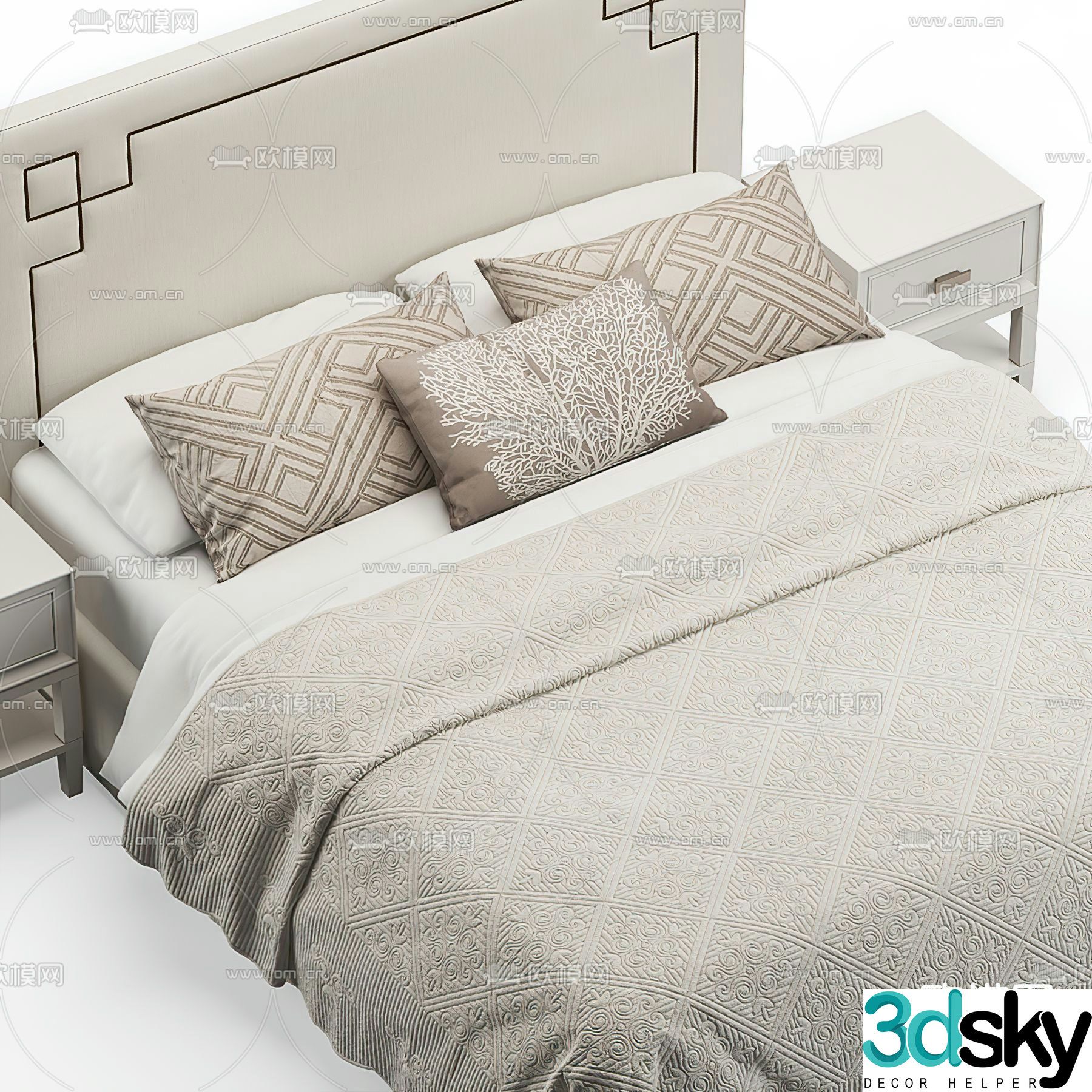 Cream style double bed 3d model