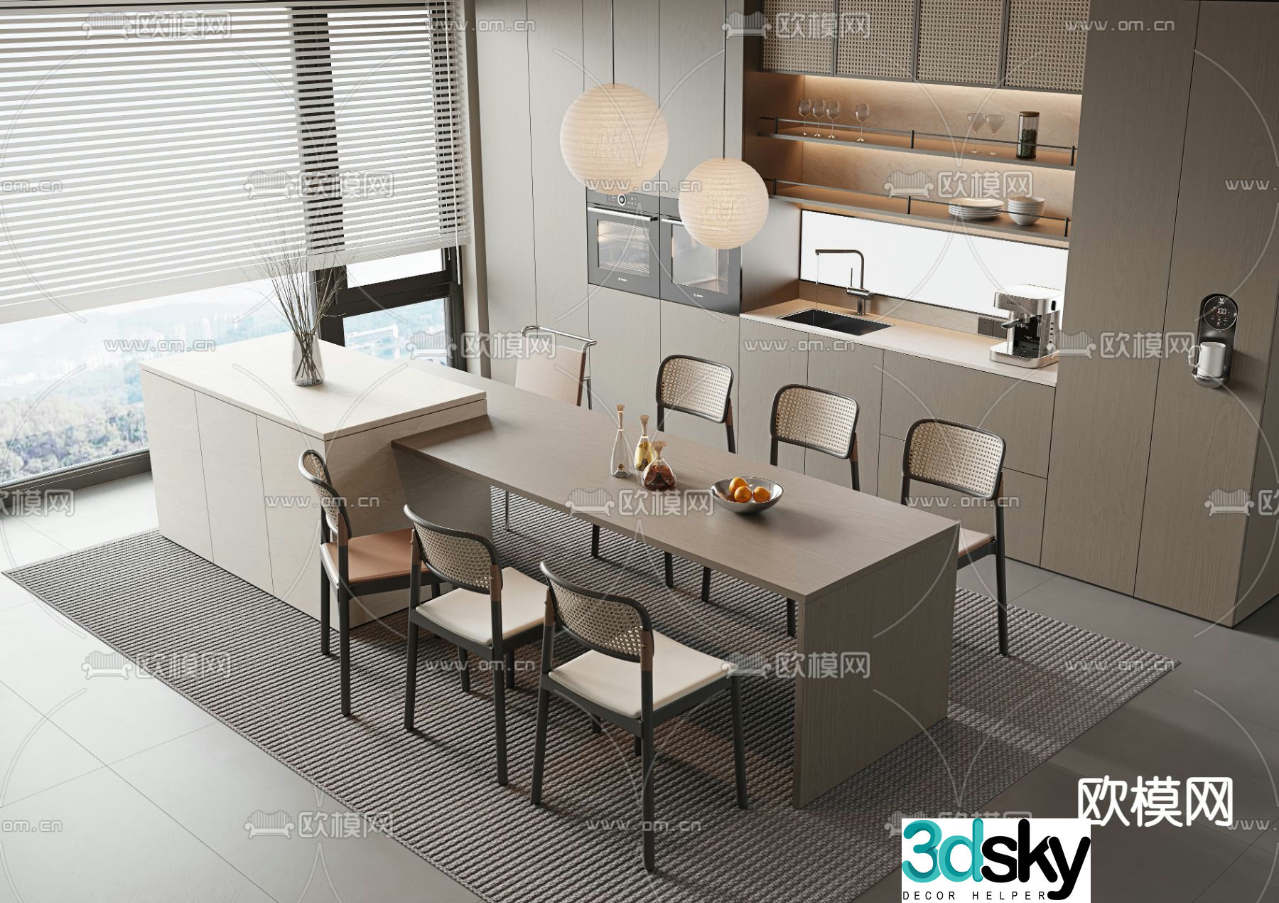 Island dining table and chairs 3d model