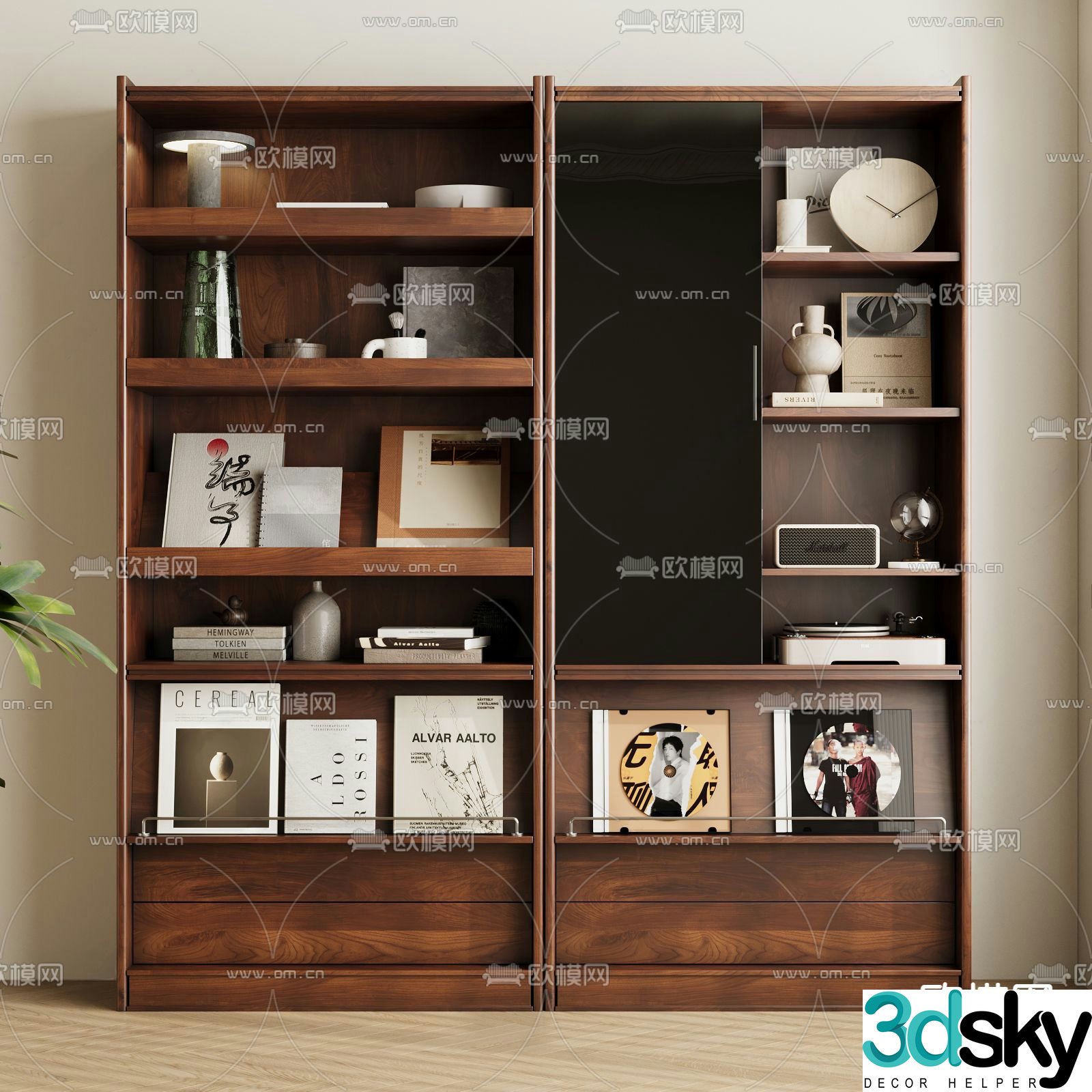 Middle-aged solid wood bookcase book jewelry ornaments 3D model