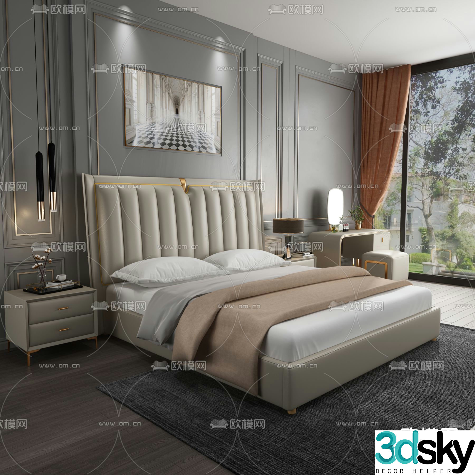 Light luxury double bed 3D model