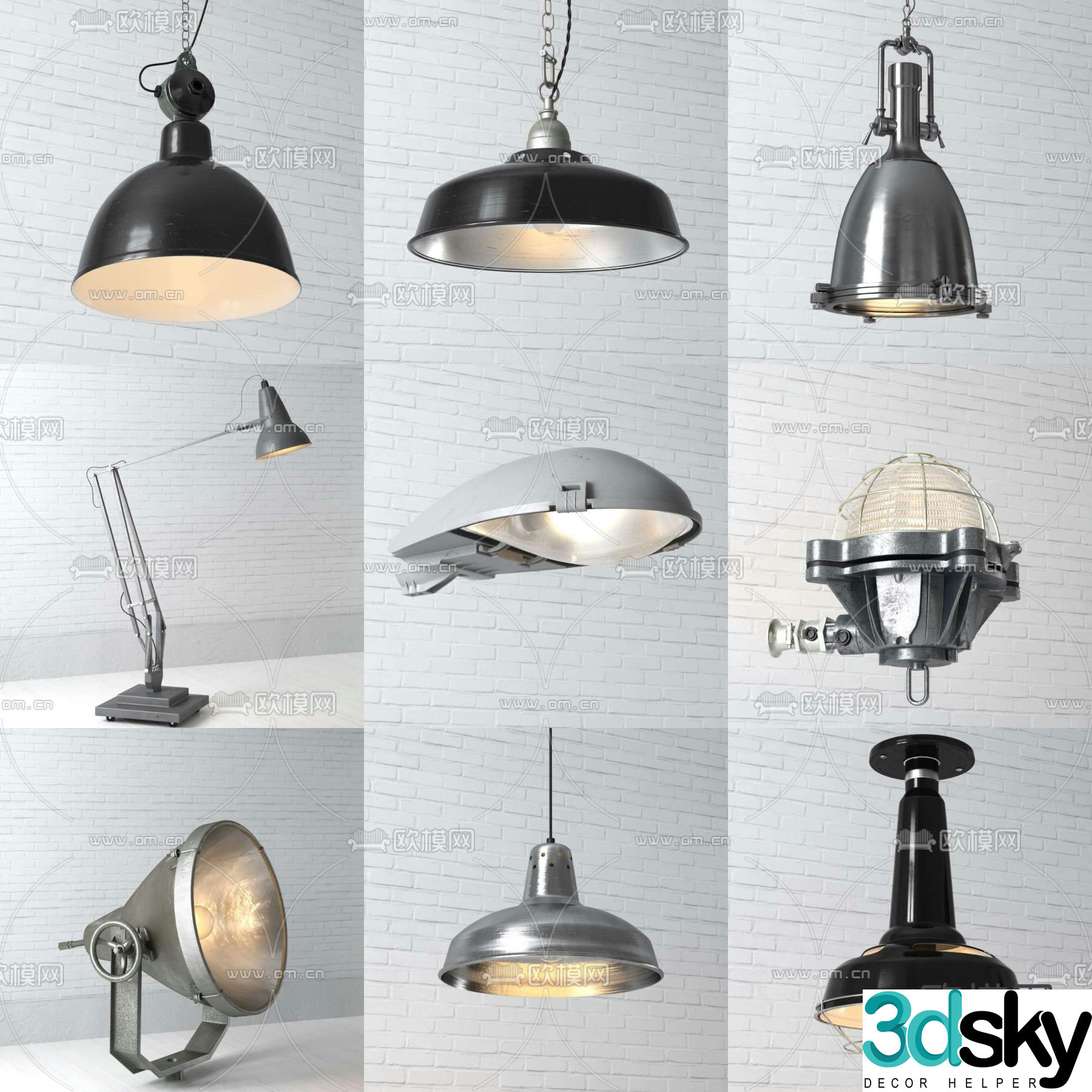Industrial style chandelier wall lamp searchlight 3d model