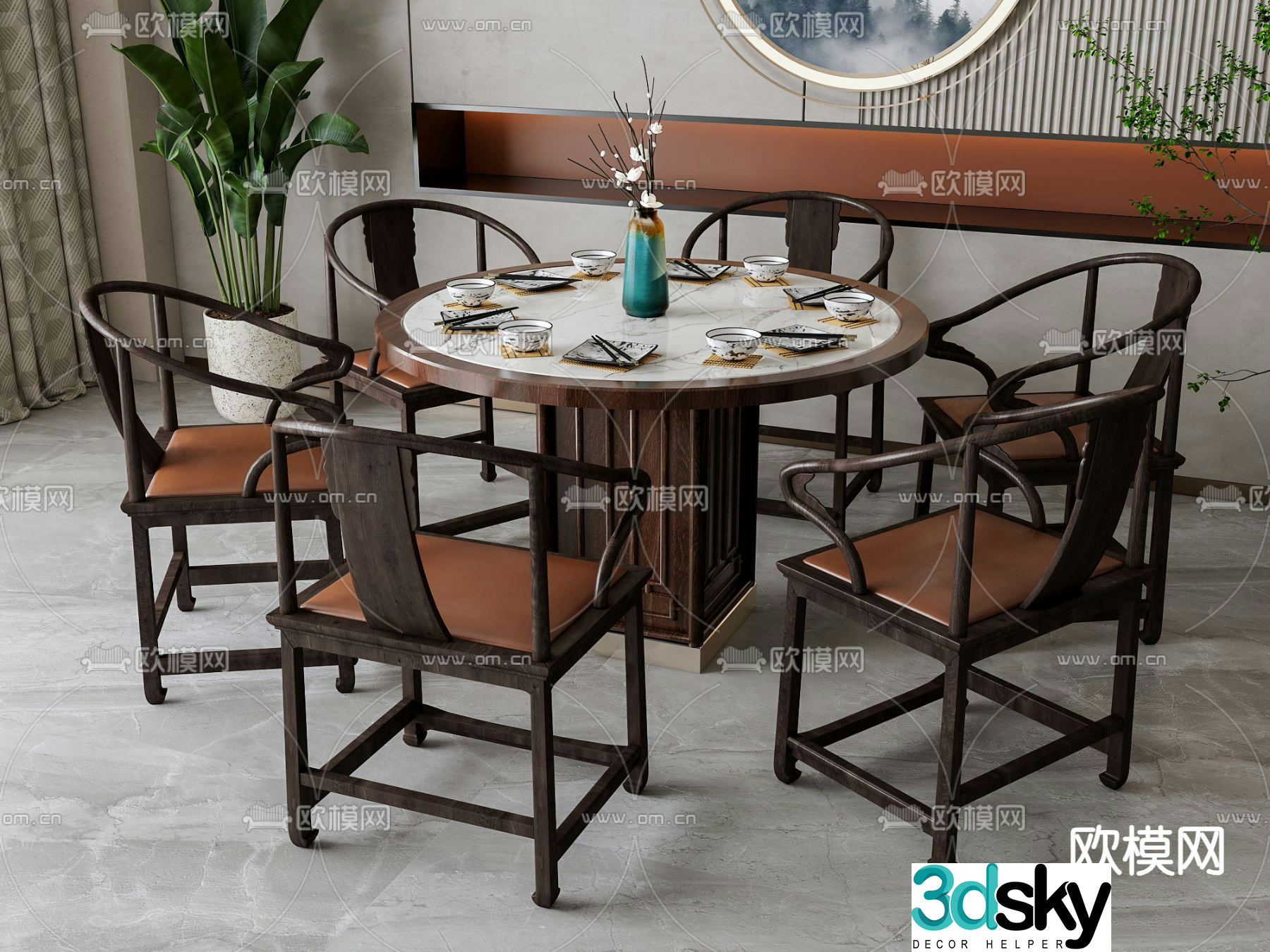 New Chinese dining table and chairs 3d model