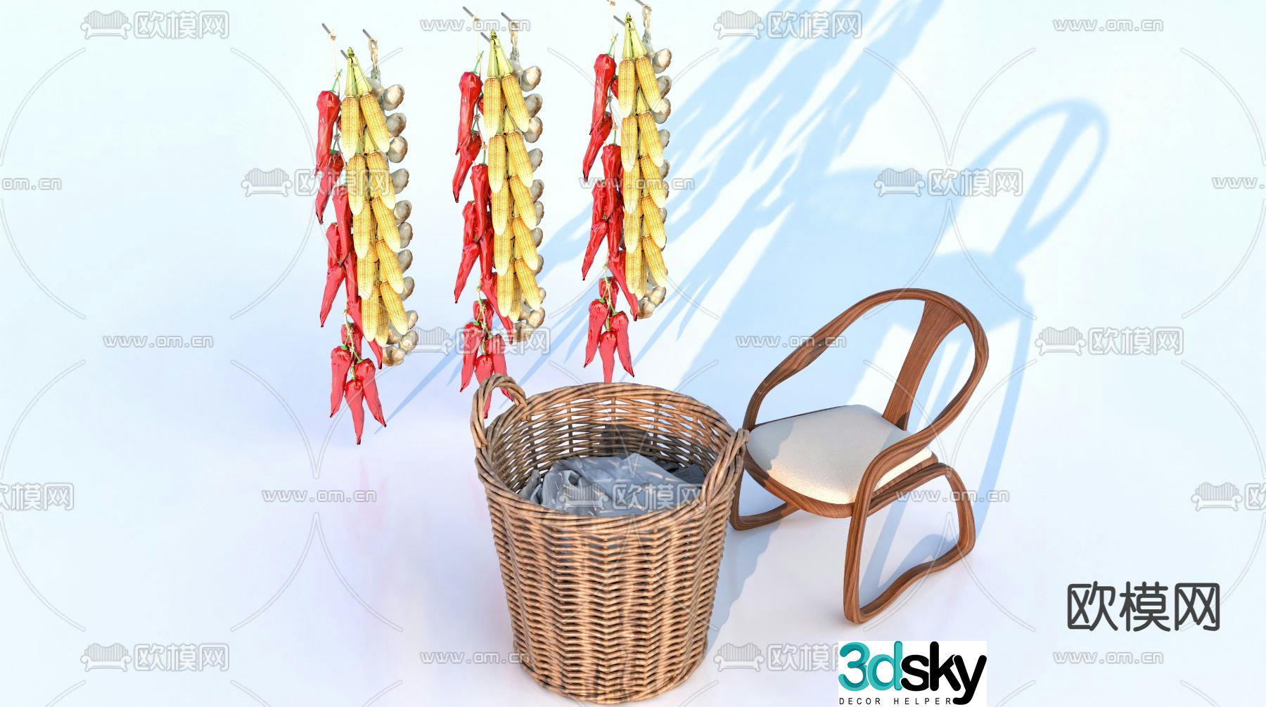 Folk sketch corn garlic pepper pendant 3d model