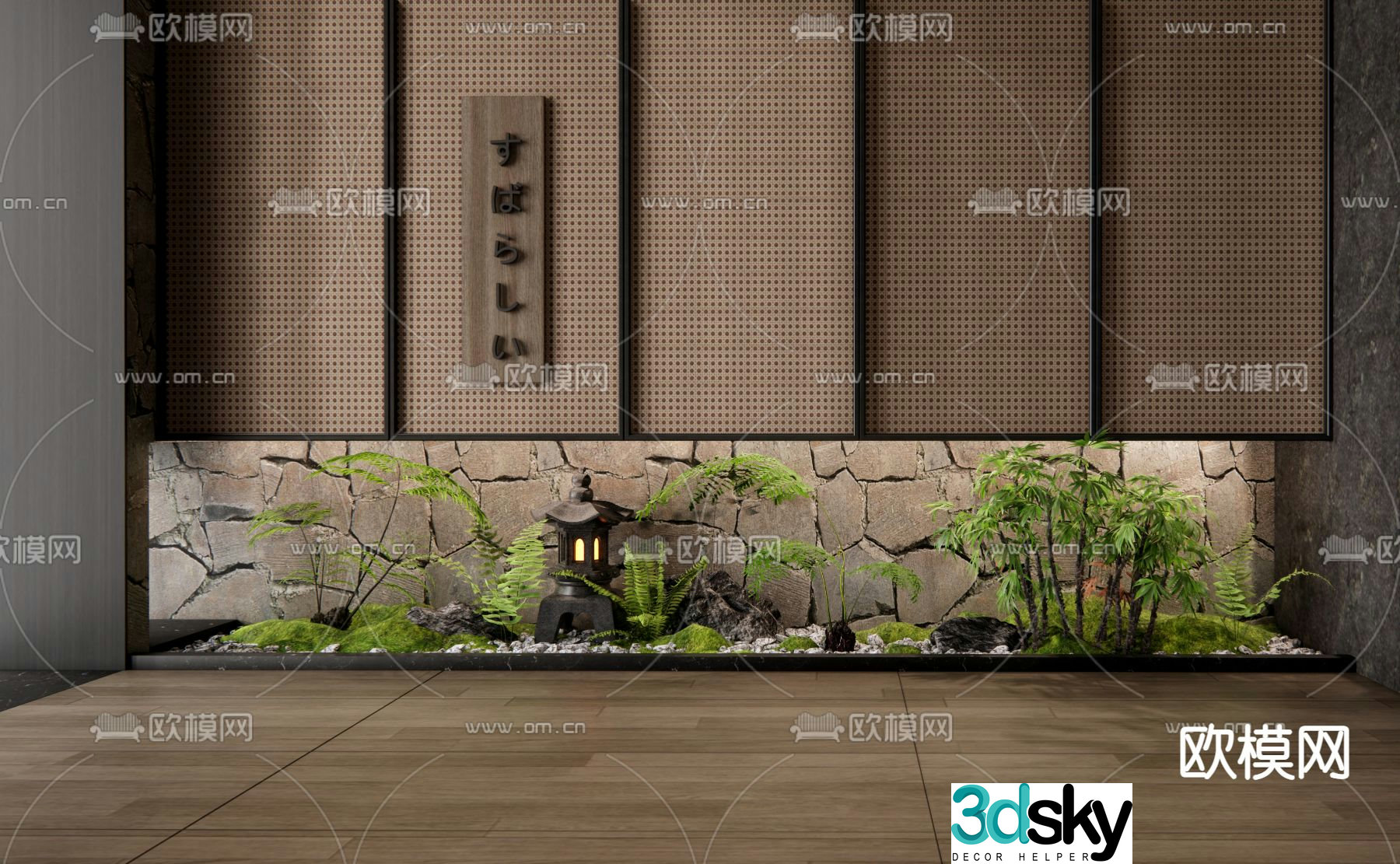 Japanese style home courtyard sketch indoor landscaping 3d model