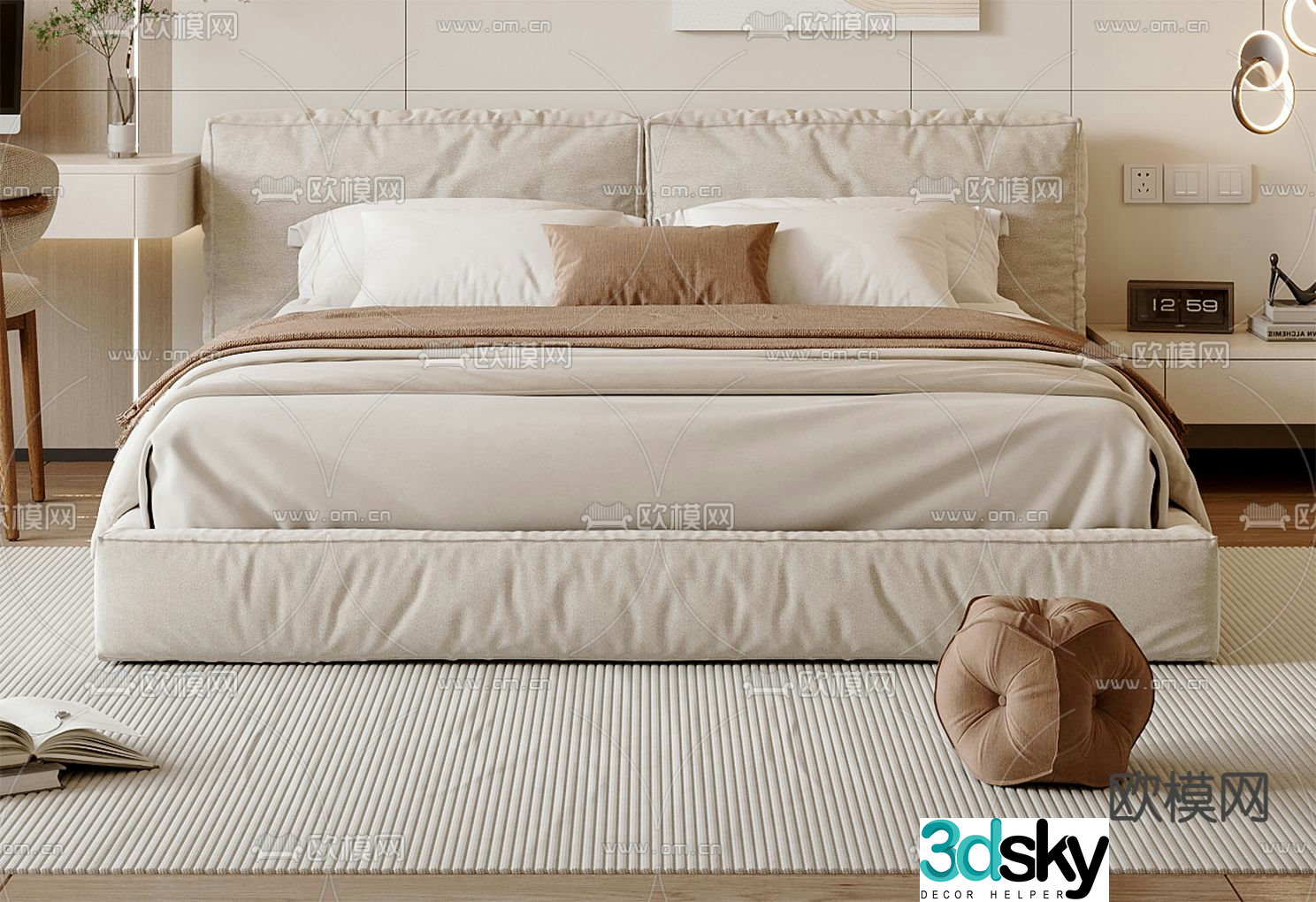 Cream style double bed 3d model