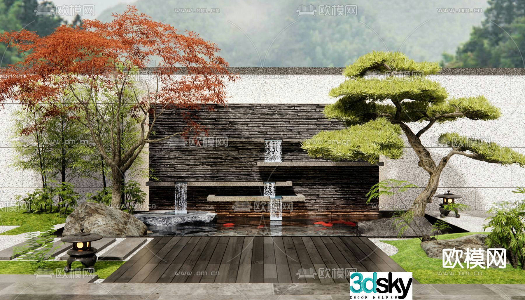 New Chinese style water feature wall falling water landscape 3D model