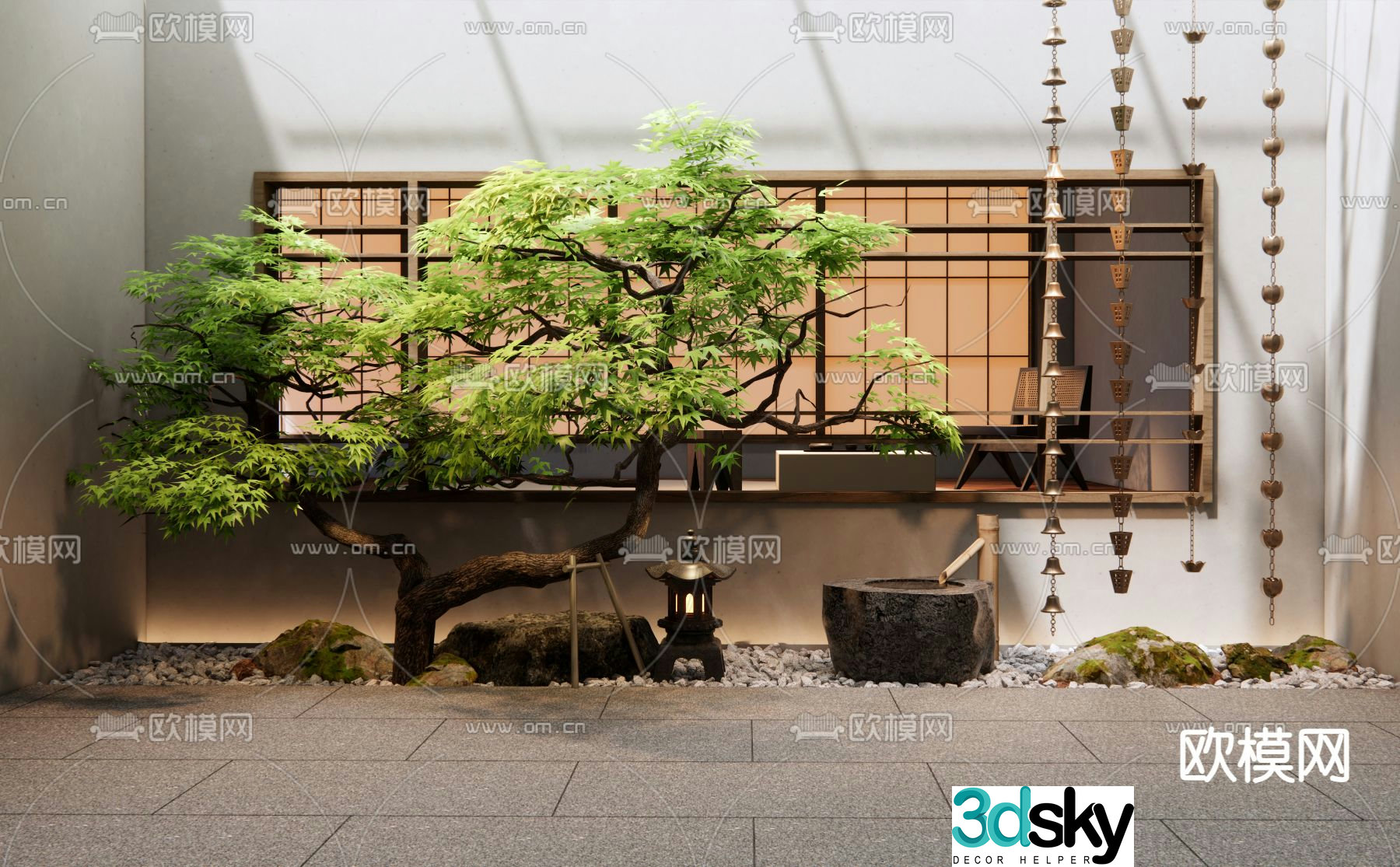 New Chinese style indoor landscaping 3D model