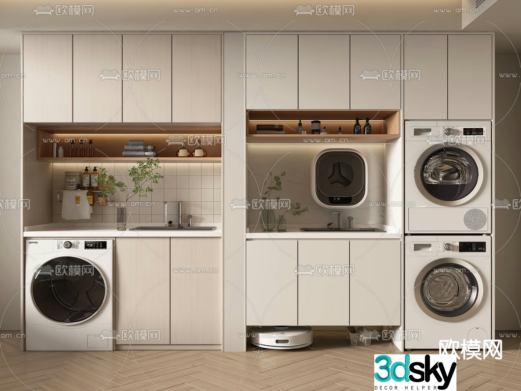 Cream style balcony washing machine cabinet 3d model