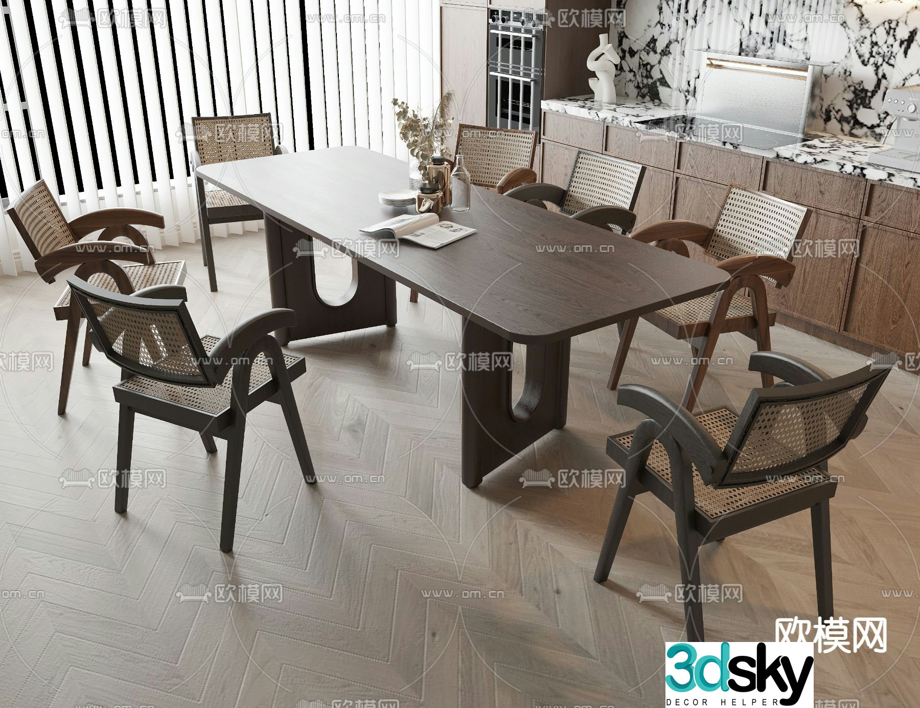Wabi-sabi dining table and chairs strip dining table 3d model
