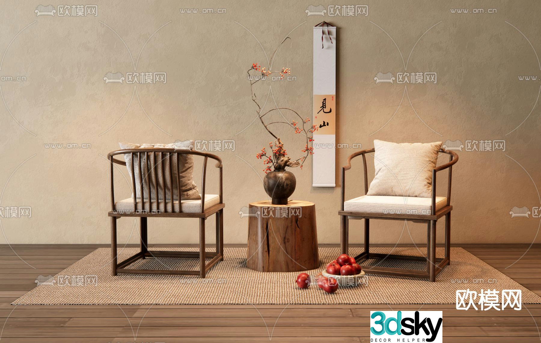 New Chinese style leisure chair tea chair vase ornaments decorative painting wooden pier 3D model