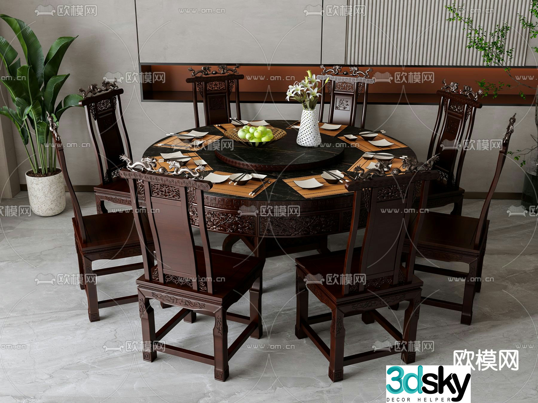 Chinese dining table and chairs round dining table 3d model