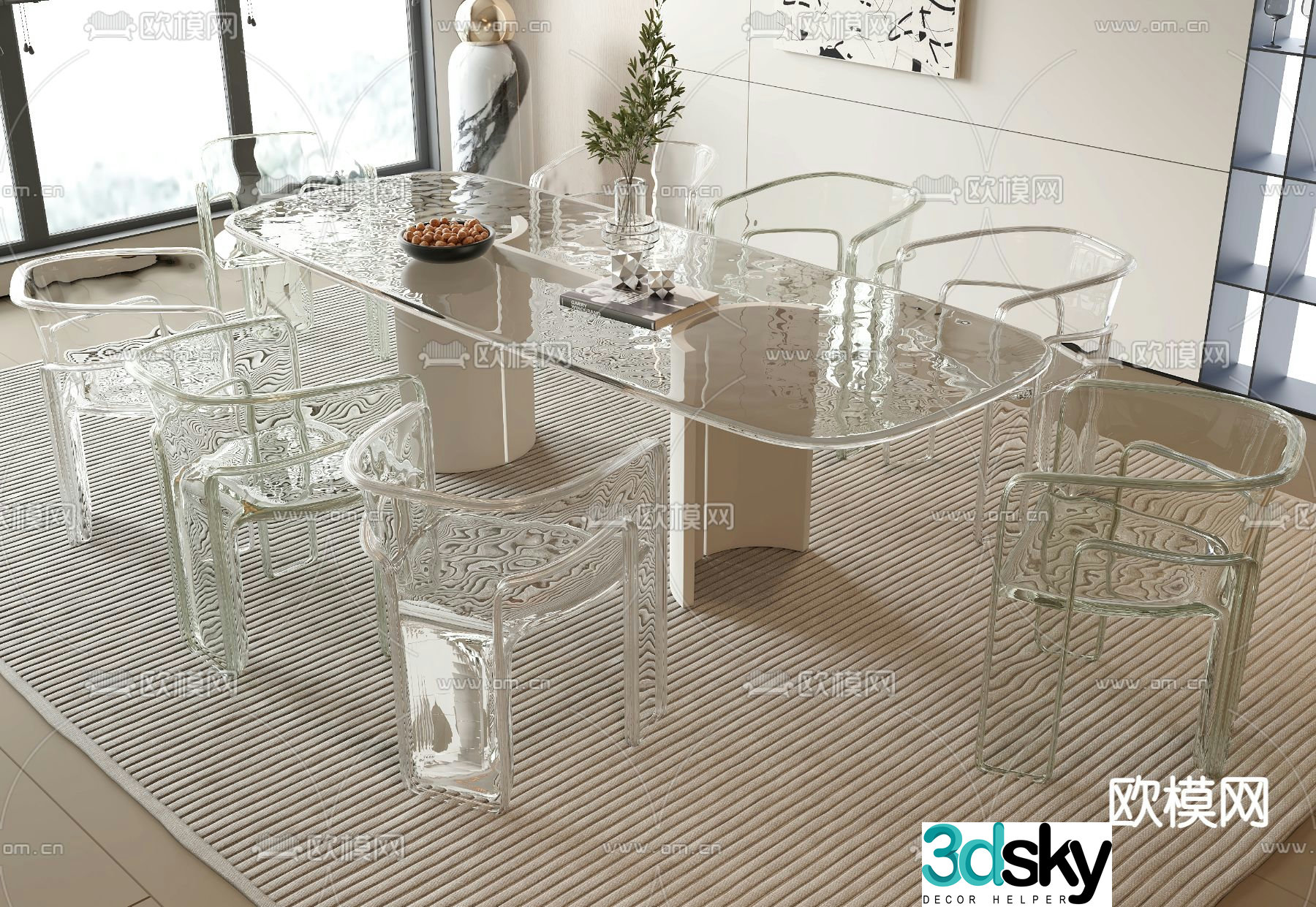 Strip dining table and chairs Glass dining table 3D model