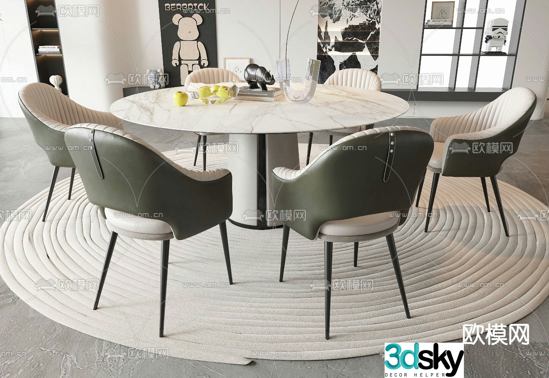 Round dining table and chairs slate dining table 3d model