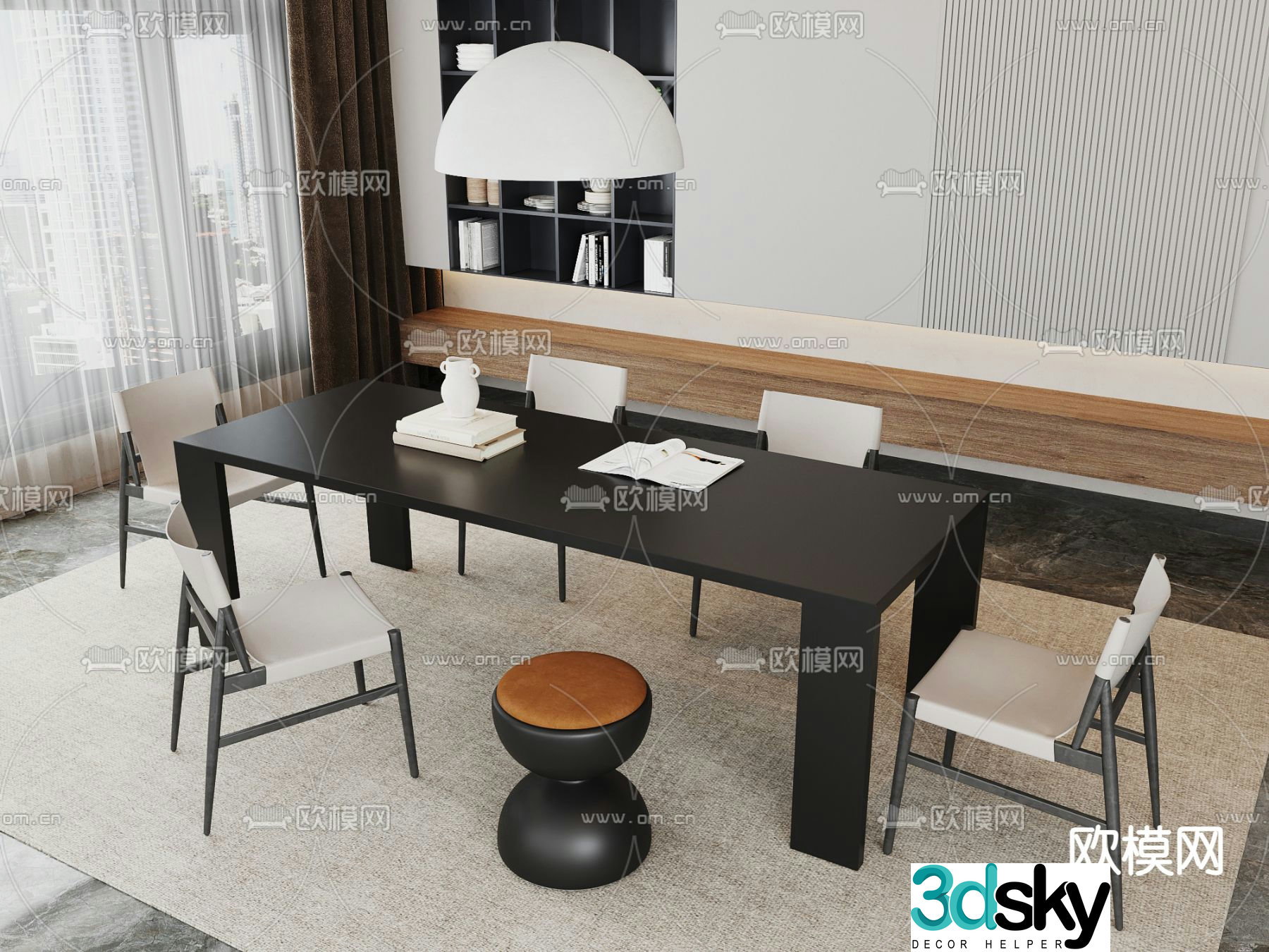 Long dining table and chairs 3d model