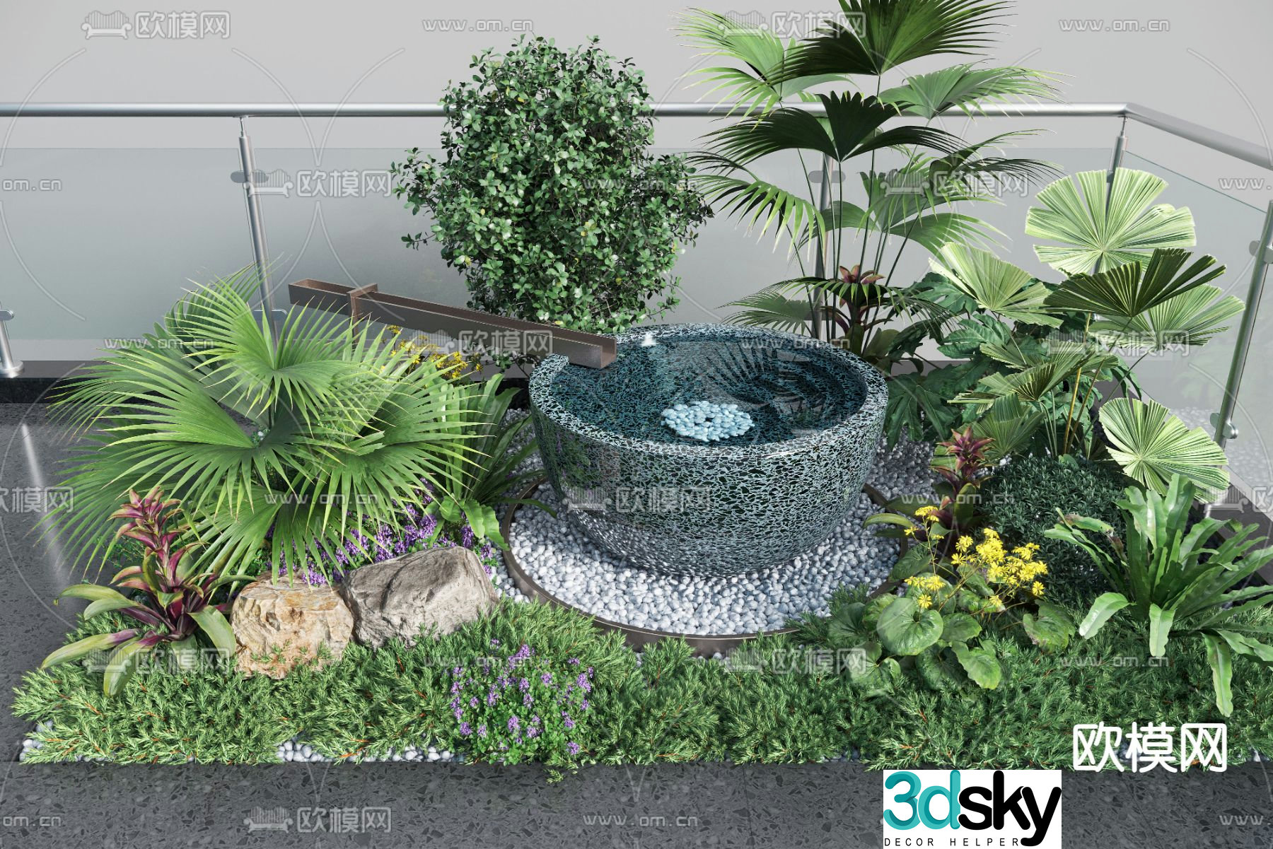 Landscape sketch flowing water bowl fern green plant 3D model