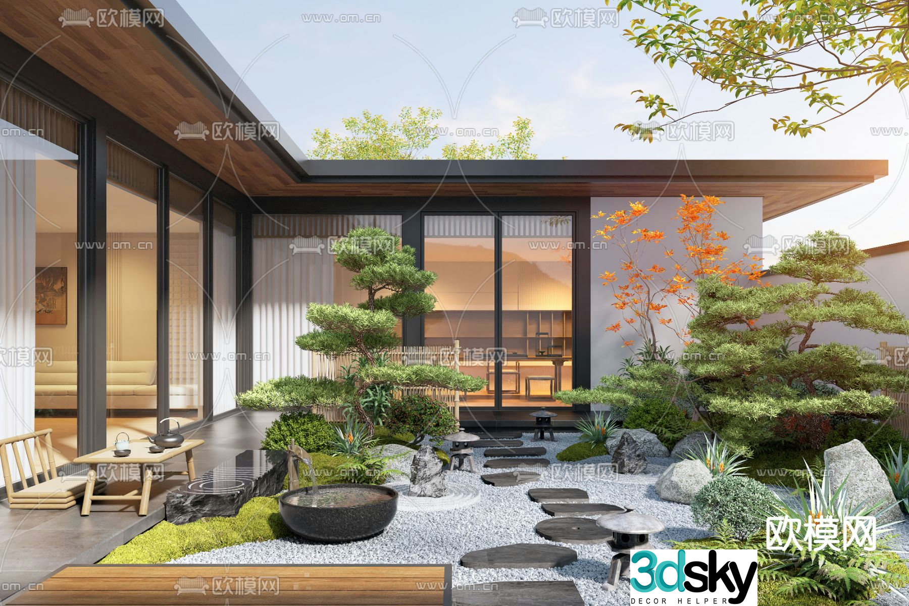 New Chinese style courtyard landscape villa courtyard 3D model