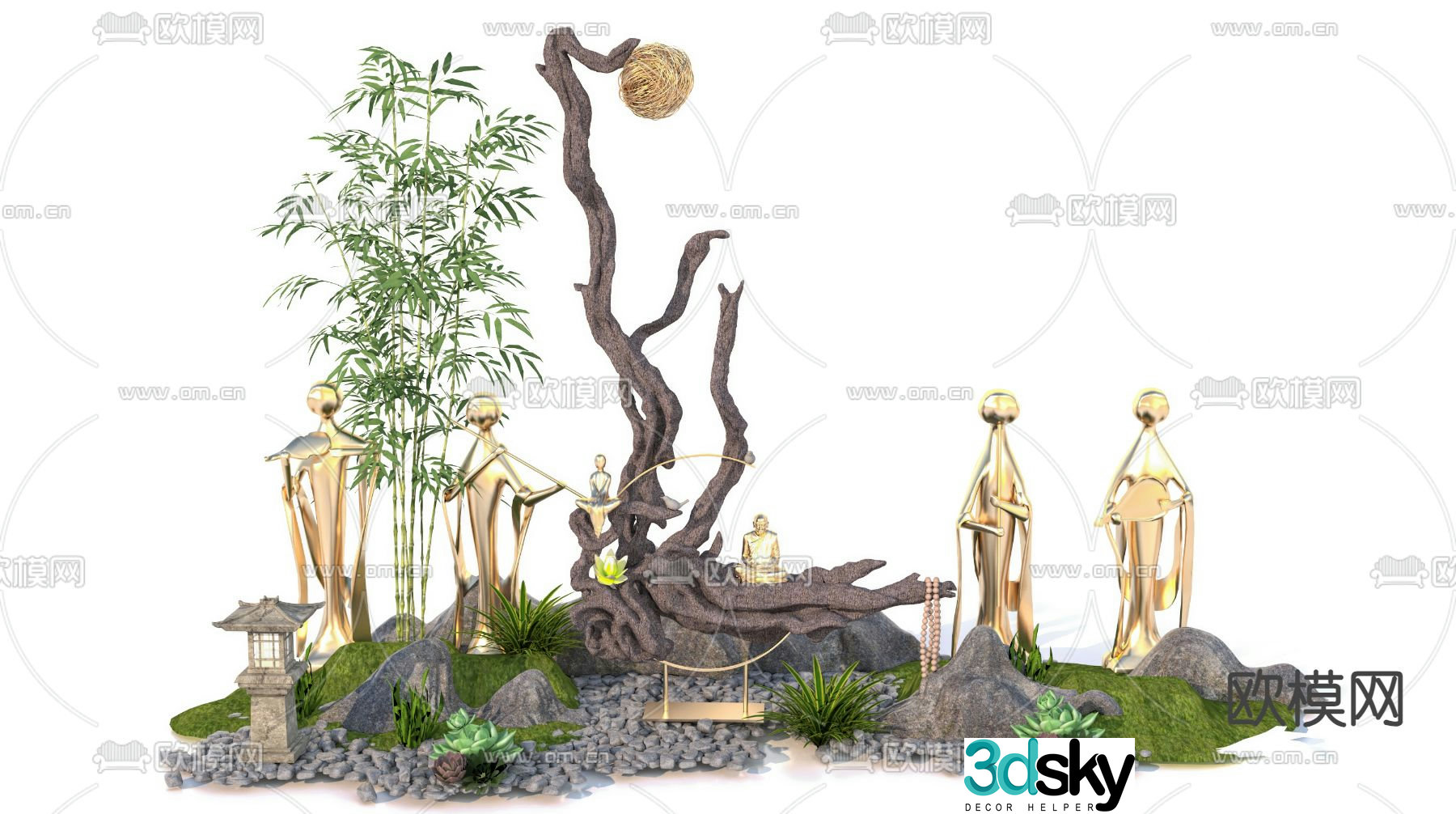 Landscape sketches Zen sculptures bamboo landscaping 3D models