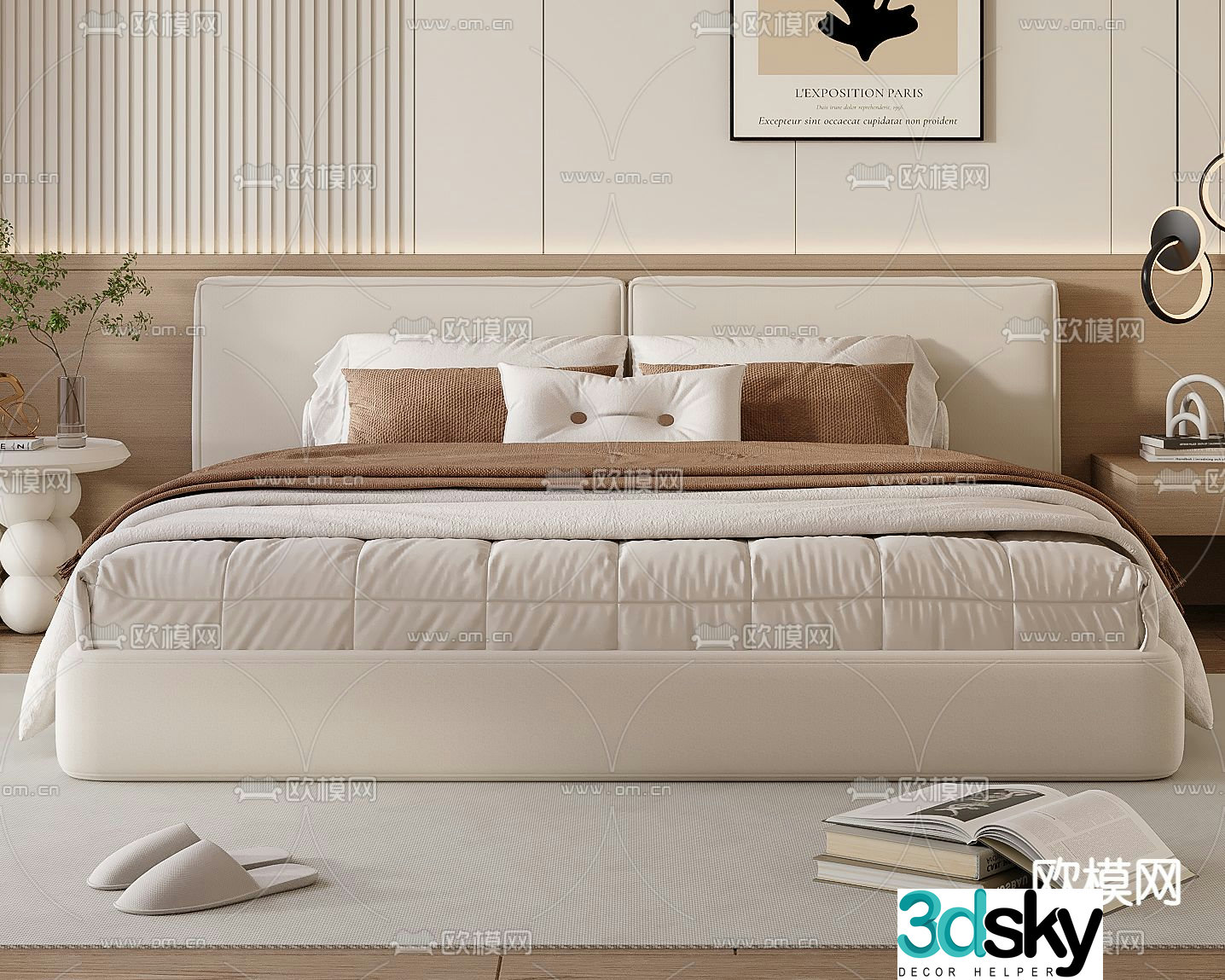 Cream style double bed 3d model