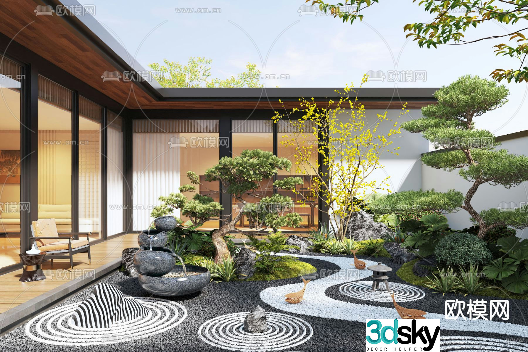 New Chinese style courtyard landscape villa courtyard 3D model