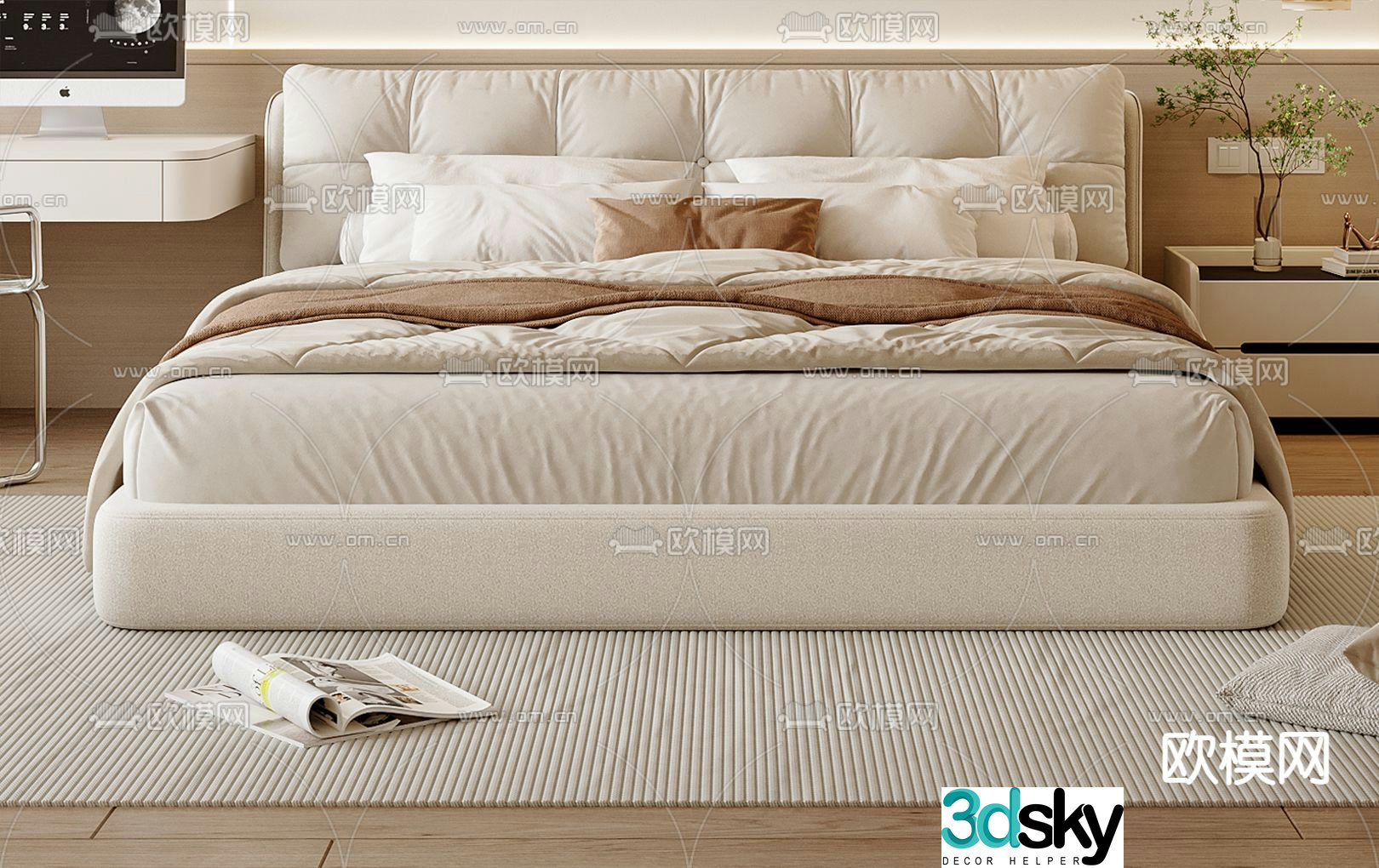 Cream style double bed 3d model