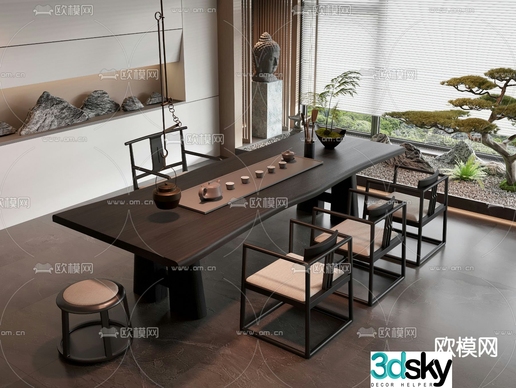 New Chinese tea table and chairs 3d model