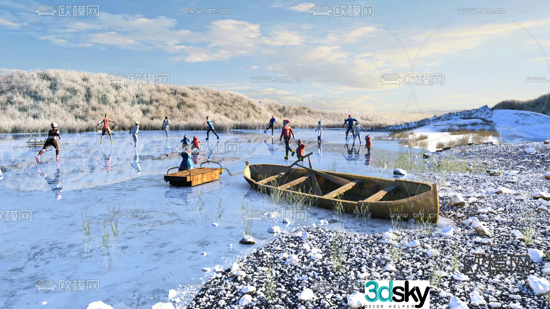 Winter lake skating scene ecological wetland park 3d model