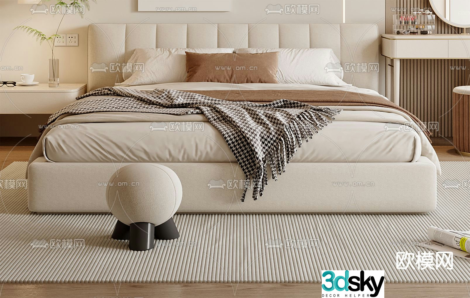 Cream style double bed 3d model