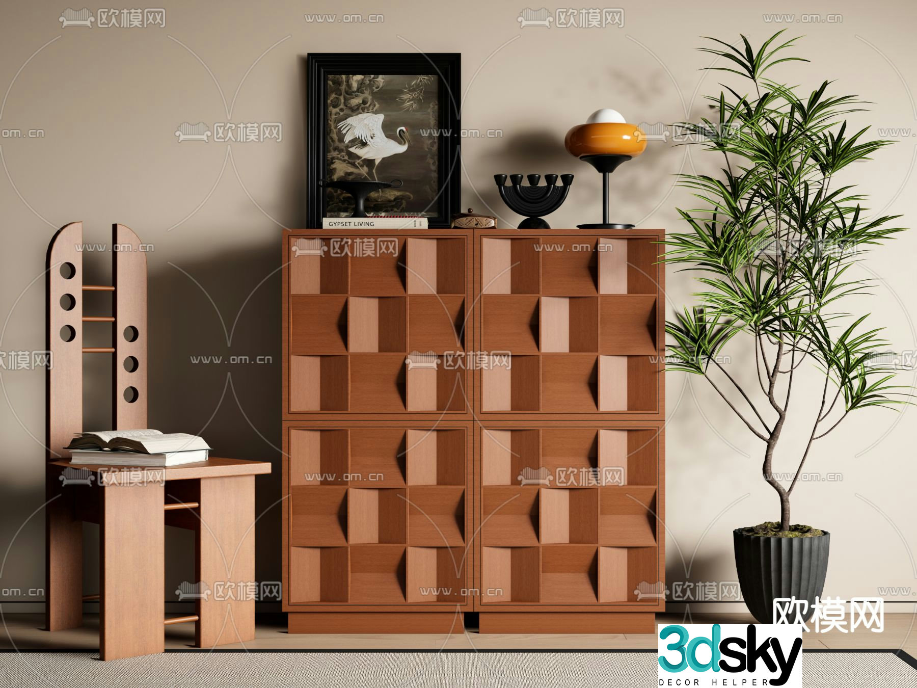Middle-aged style chest of drawers side cabinet 3D model