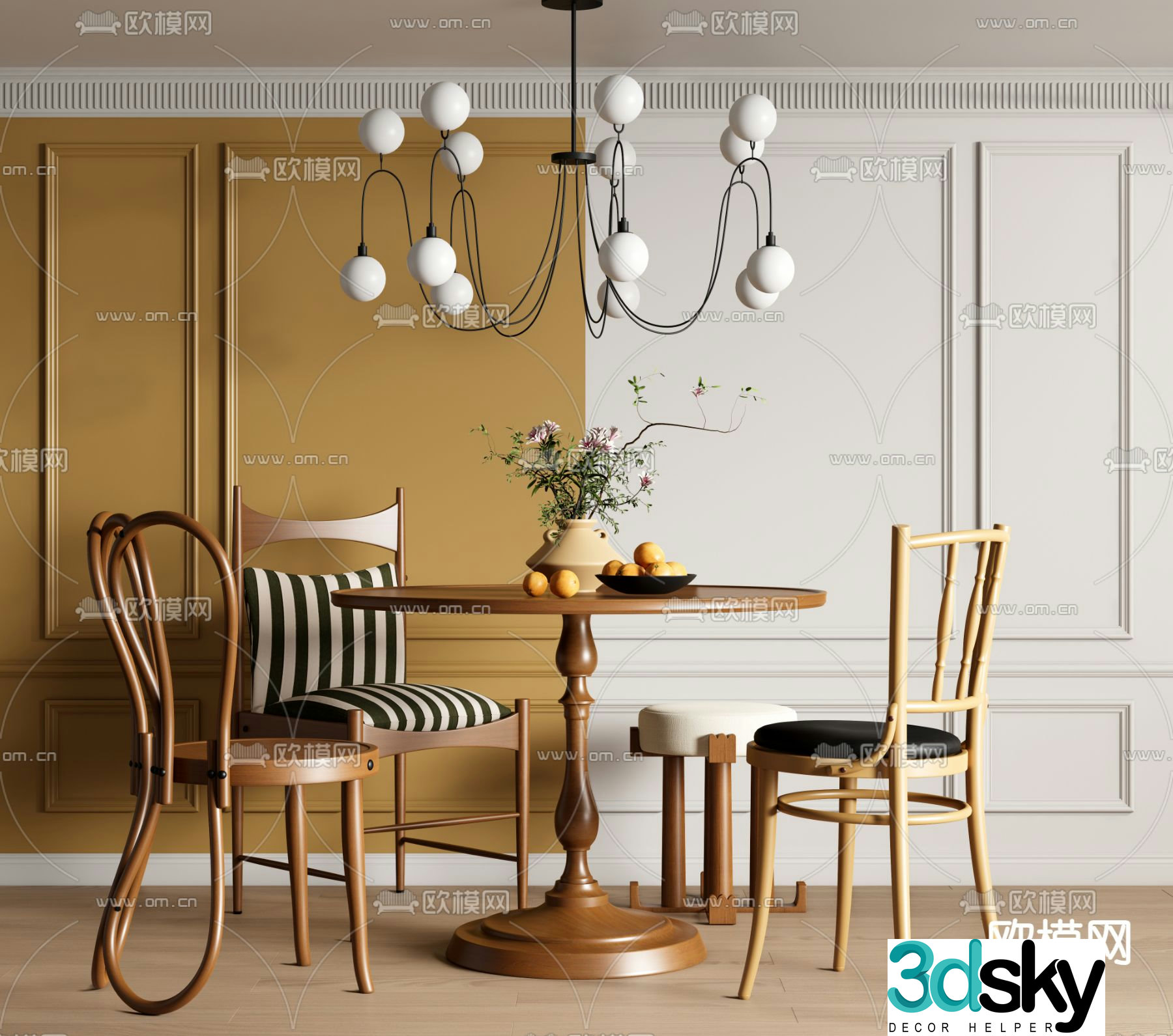 French dining table and chairs round dining table 3d model