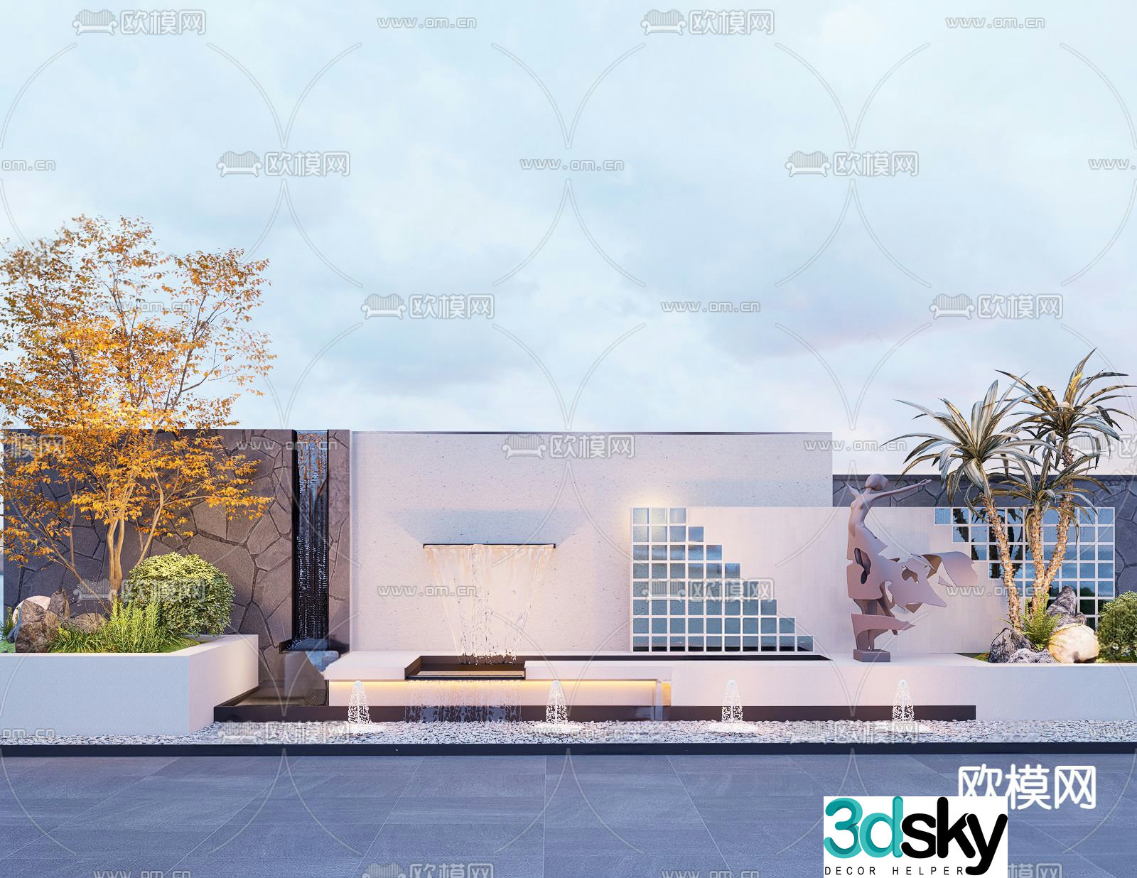 Modern courtyard landscape water feature wall 3d model