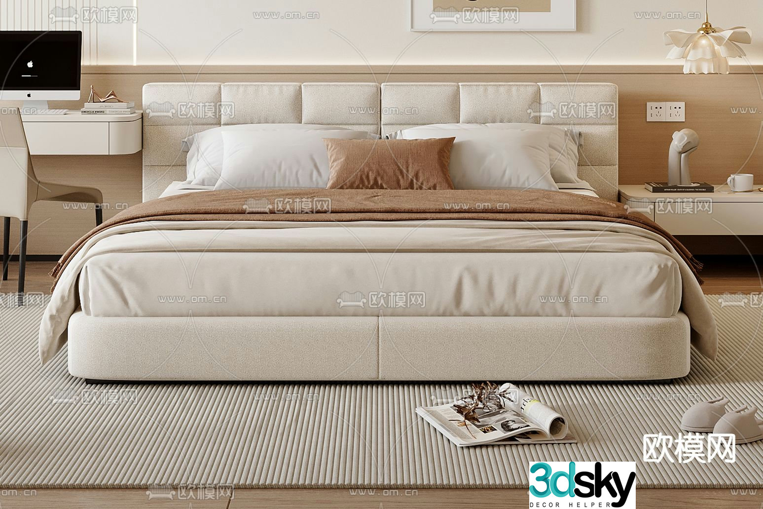 Cream style double bed 3d model