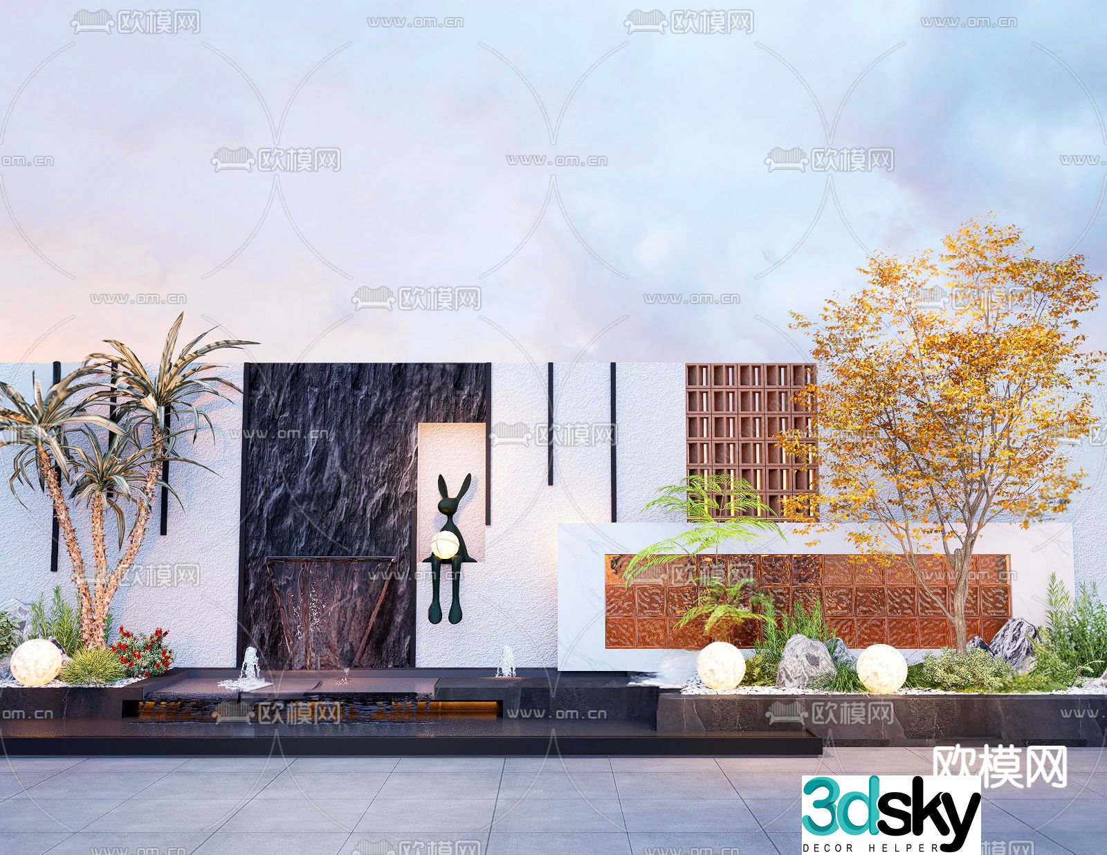 Modern courtyard landscape flowing water wall 3D model