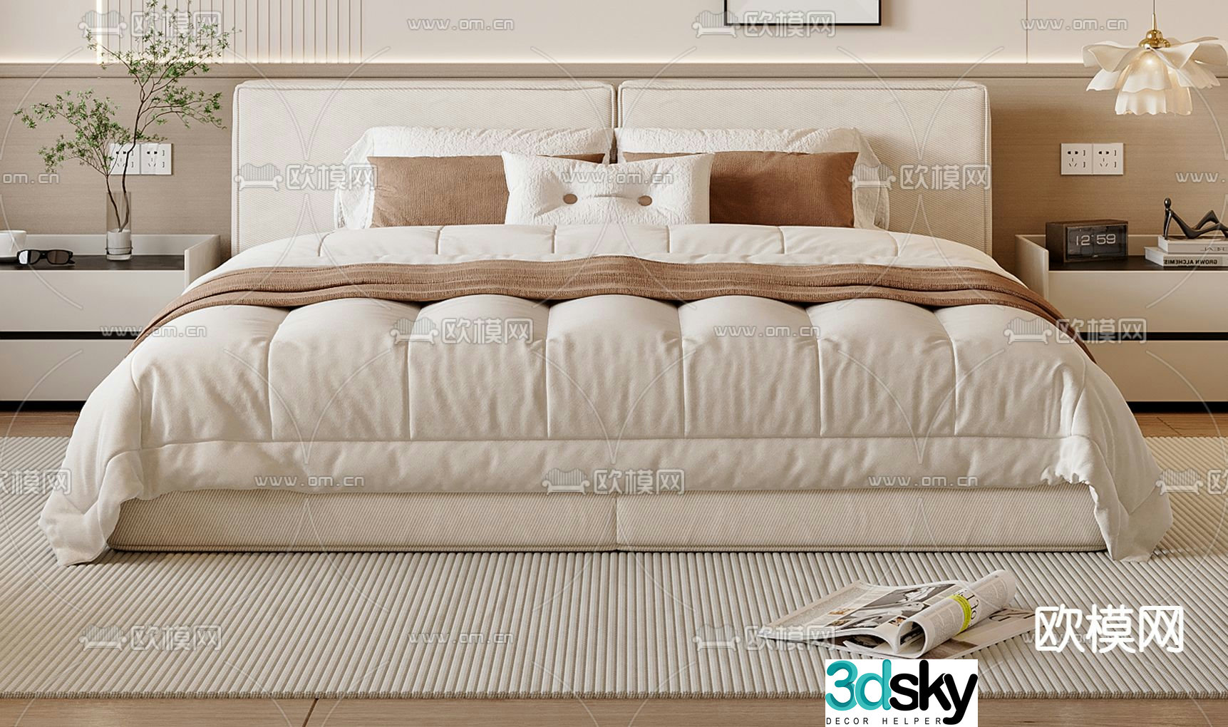 Cream style double bed 3d model
