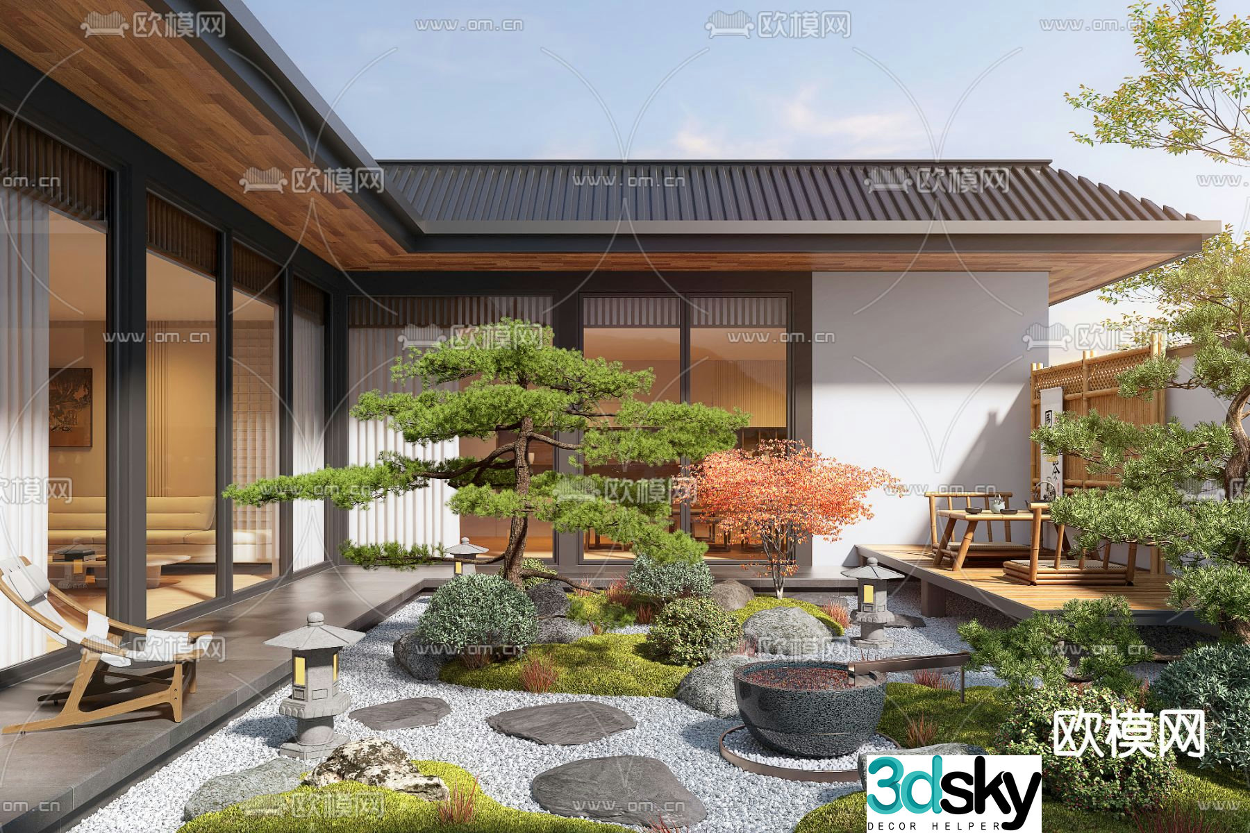 New Chinese style courtyard landscape villa courtyard 3D model