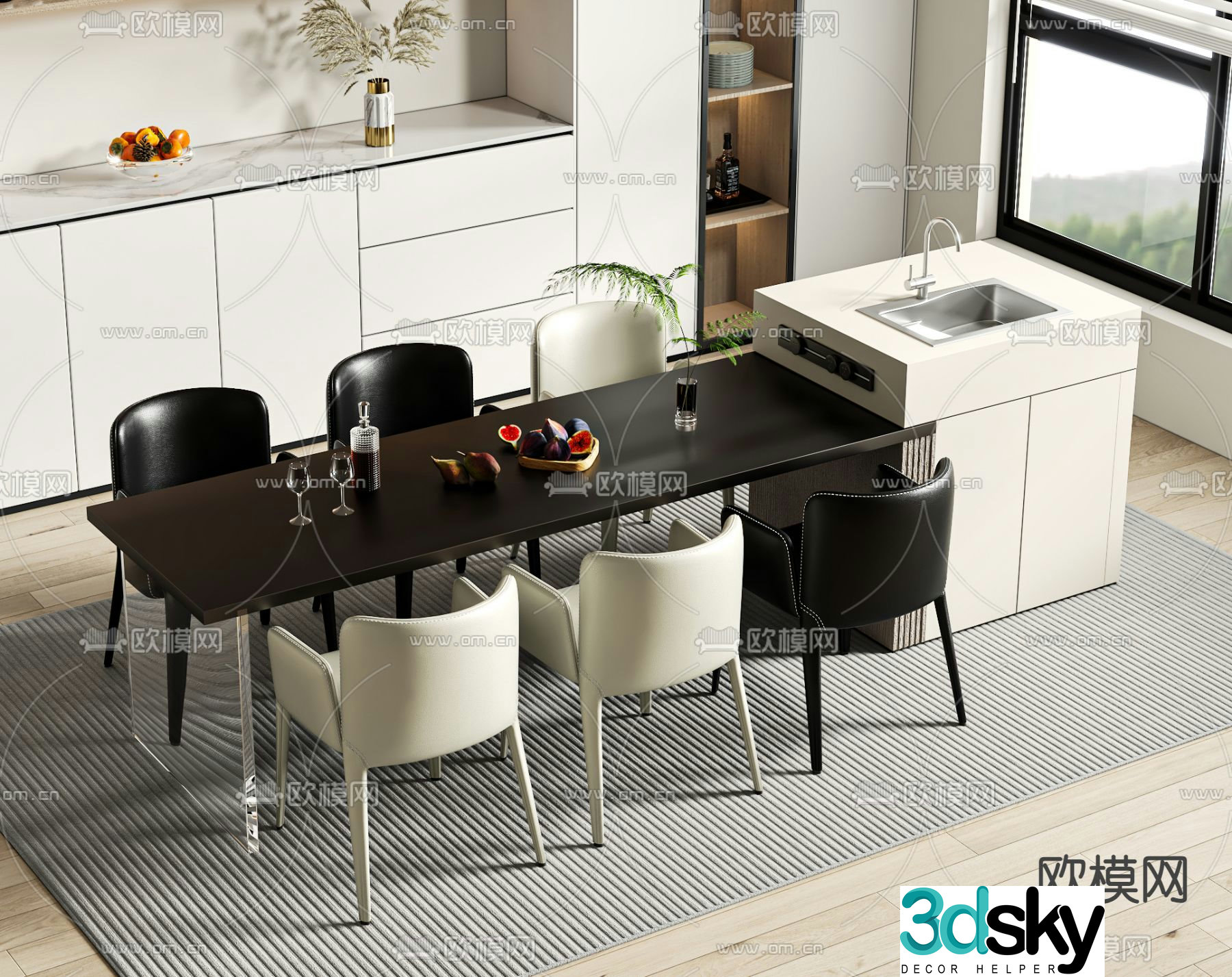 Island dining table and chairs 3d model