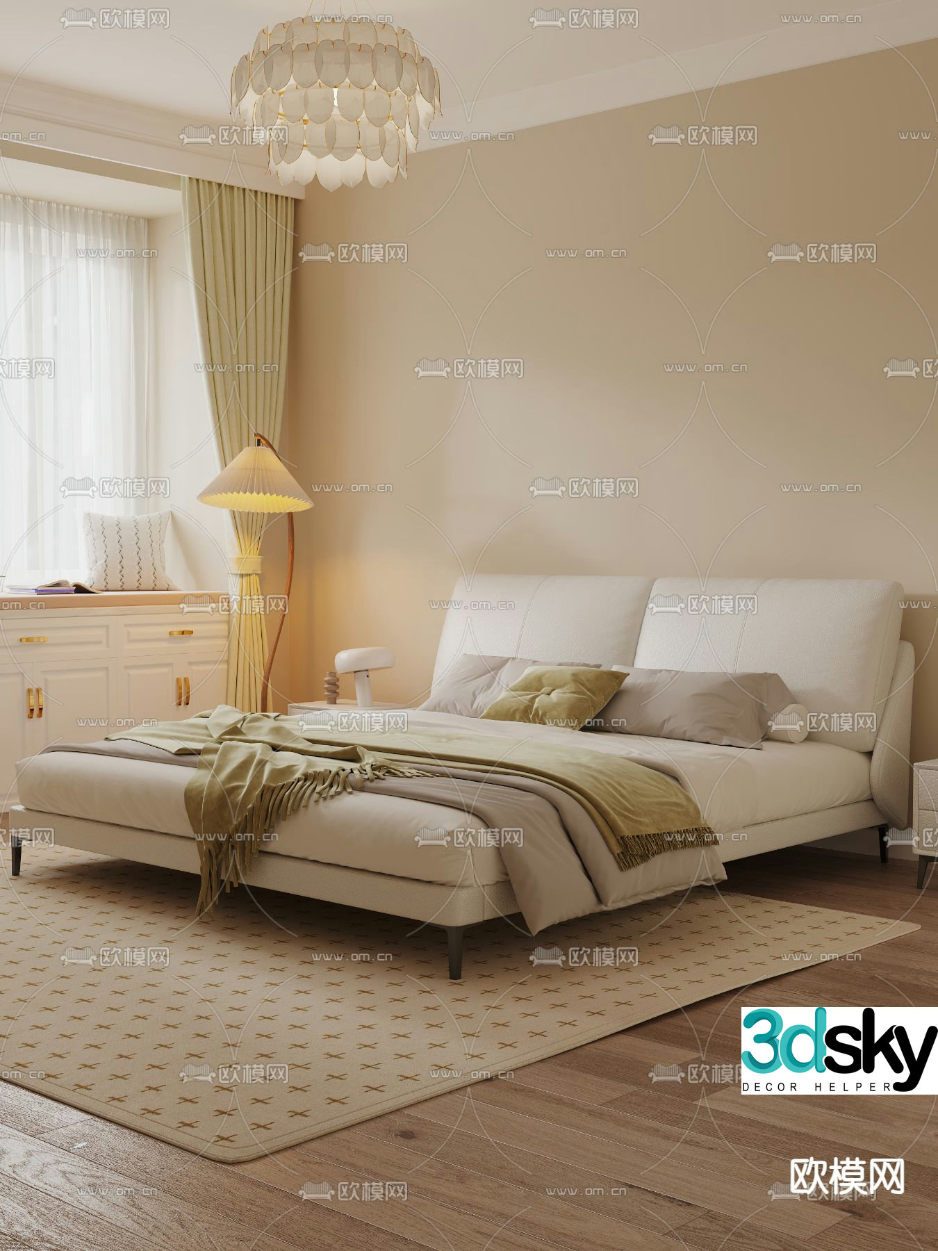 Cream style double bed 3d model