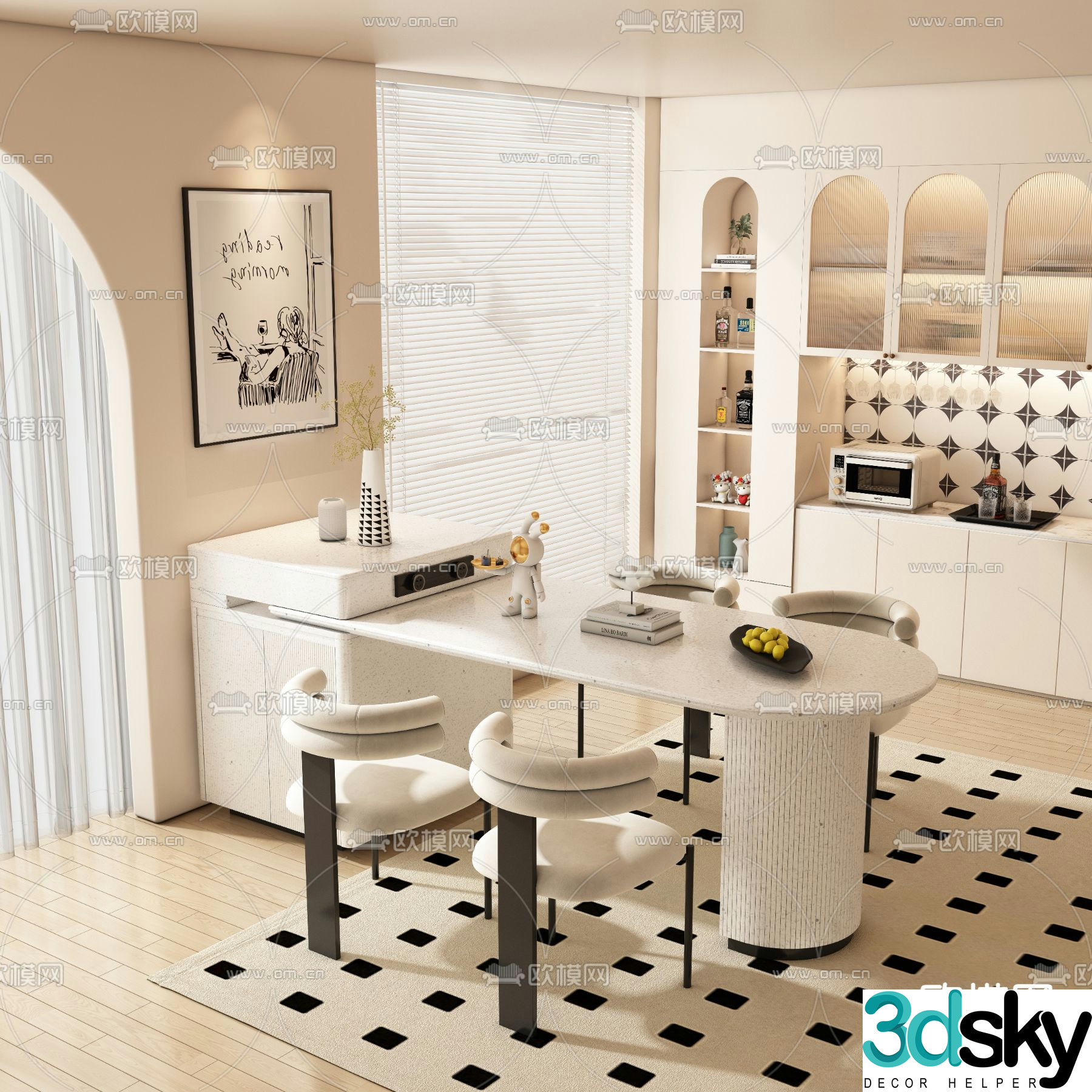 Cream style bar island table 3D model