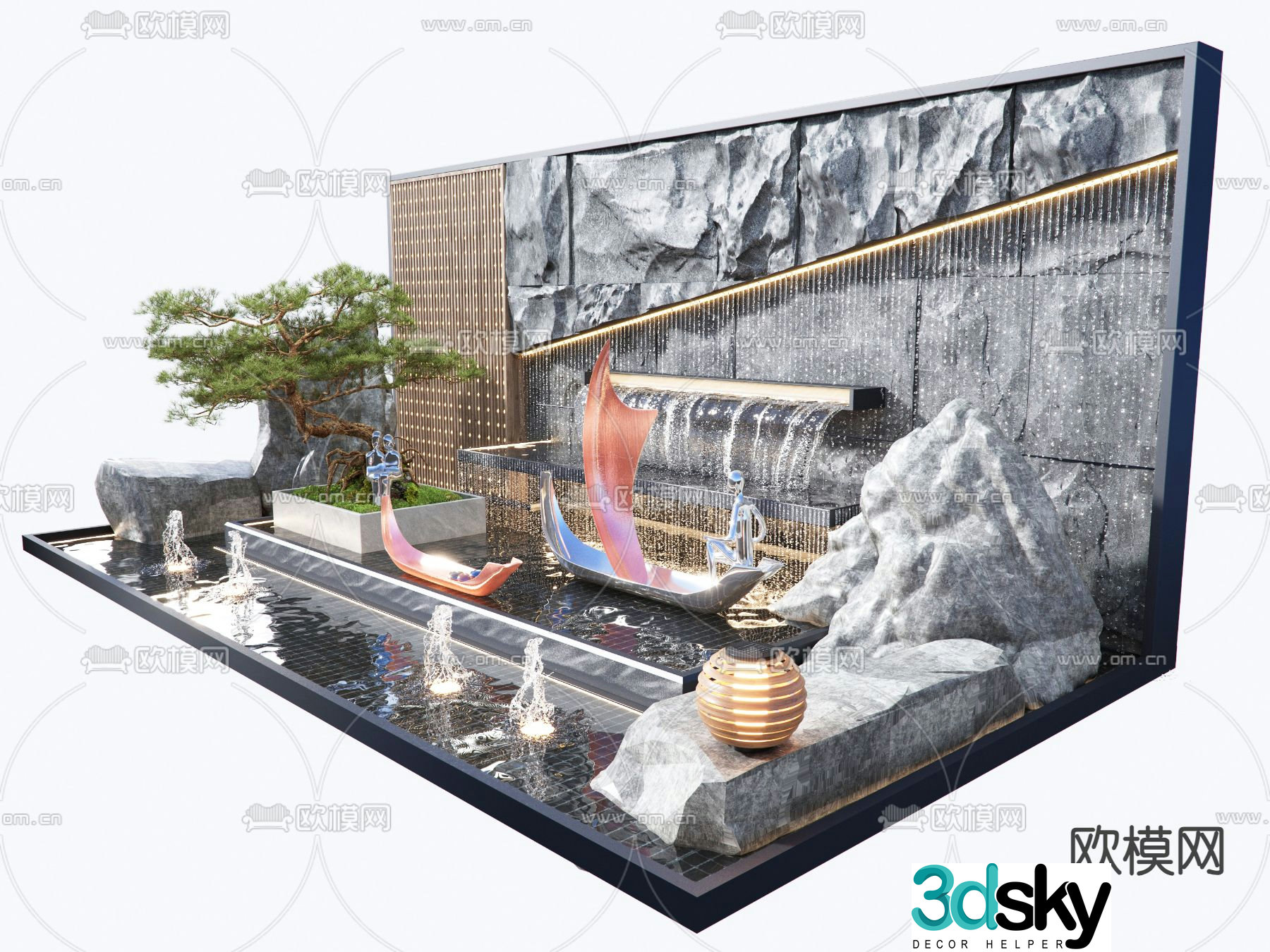 Water feature wall landscape plants water feature fountain 3d model