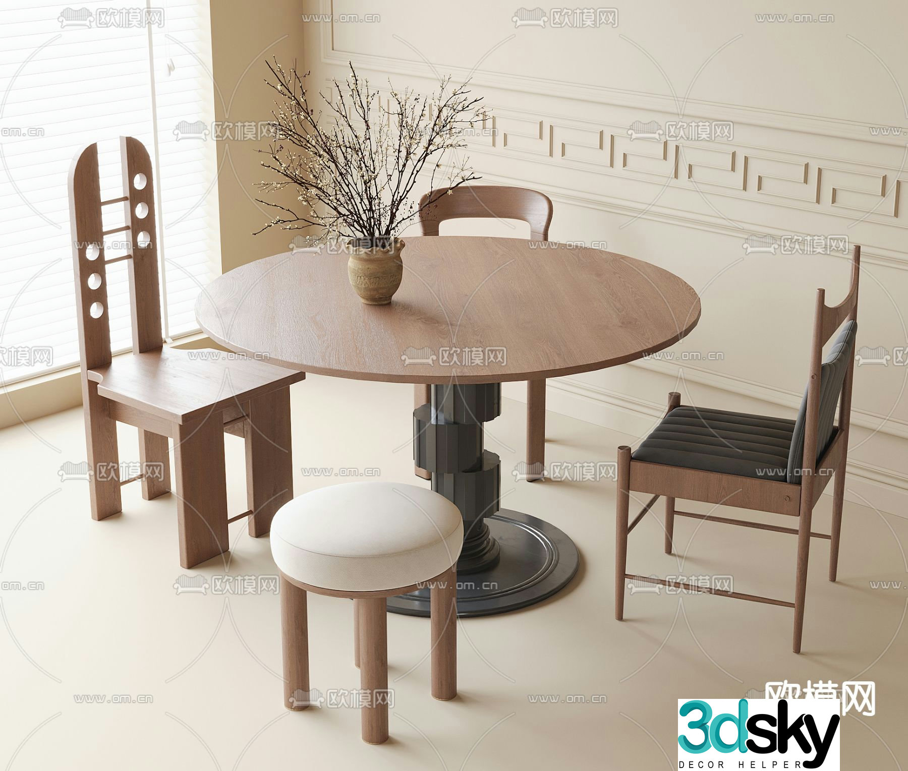 Medieval style dining table and chairs round table 3d model