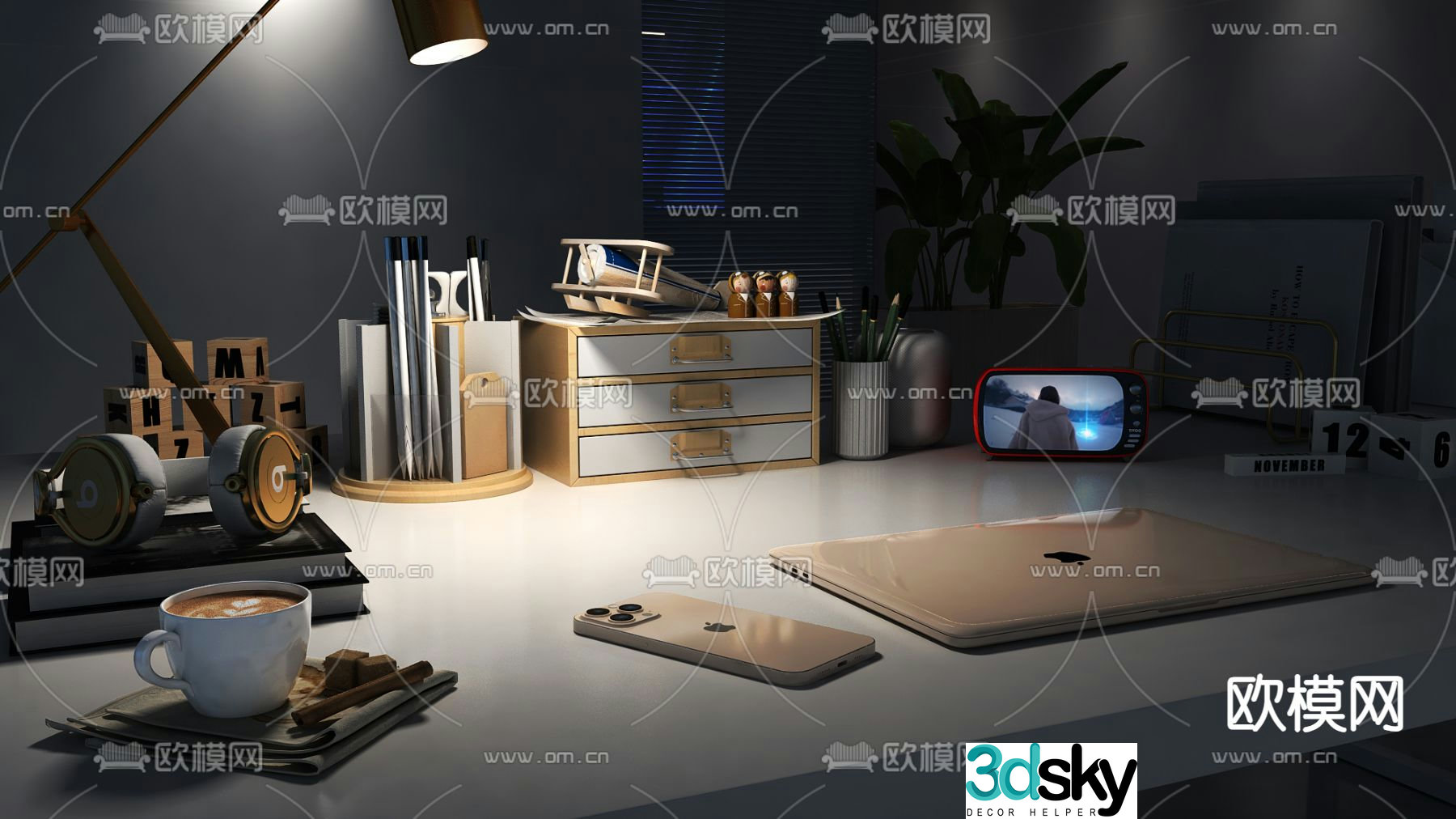 office supplies mobile phone apple computer headphones 3d model