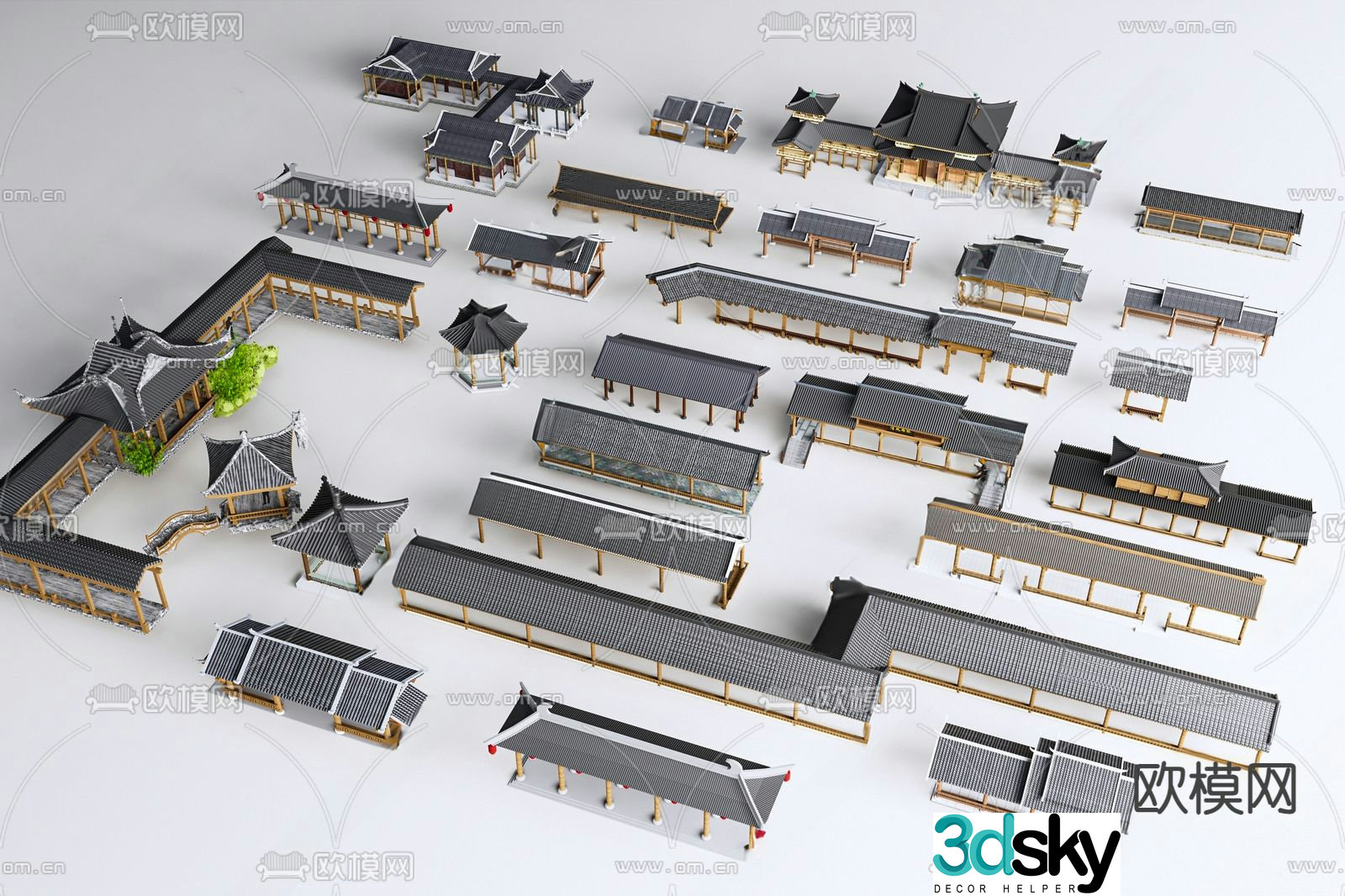 Chinese-style promenade corridor corridor four-corner pavilion 3D model